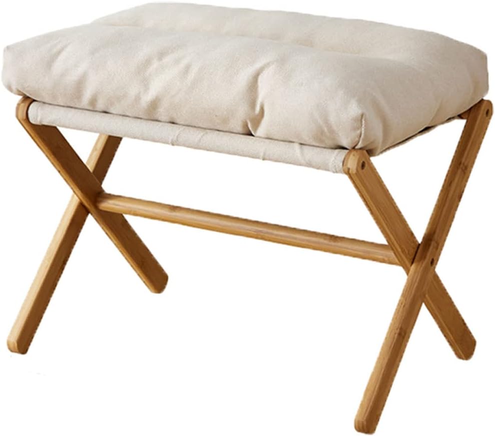Baveke Folding Upholstered Footrest Stool, Small Accent Ottoman with Thick Cotton Cushion & Bamboo X Legs, Modern Padded Sofa Stool for Makeup Bedroom Living Room (Beige)