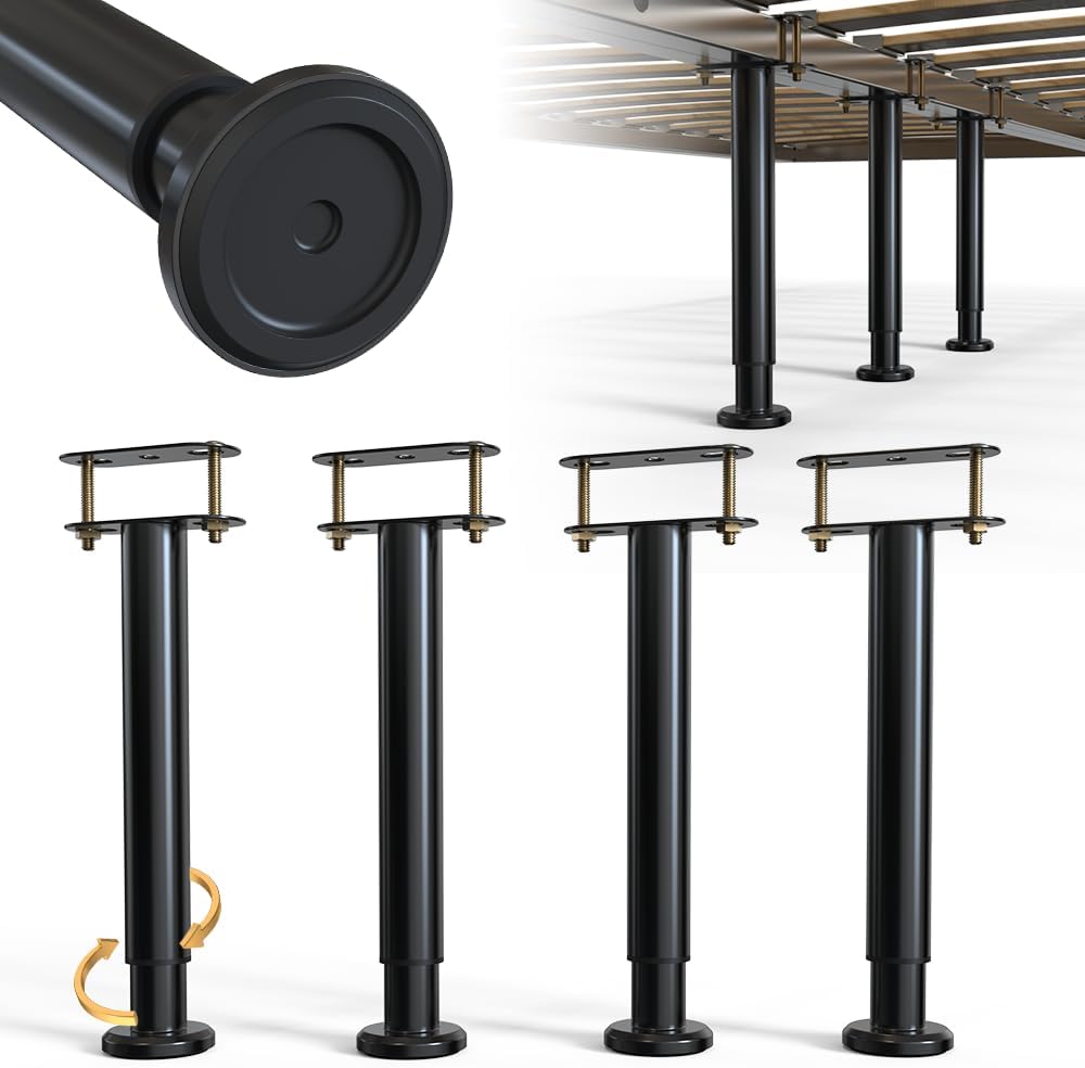 YUEYIN 4-Piece Adjustable Height Bed Support Legs, Extra Sturdy Steel with Wider Rubber Base,King, Queen (10"-16.5")