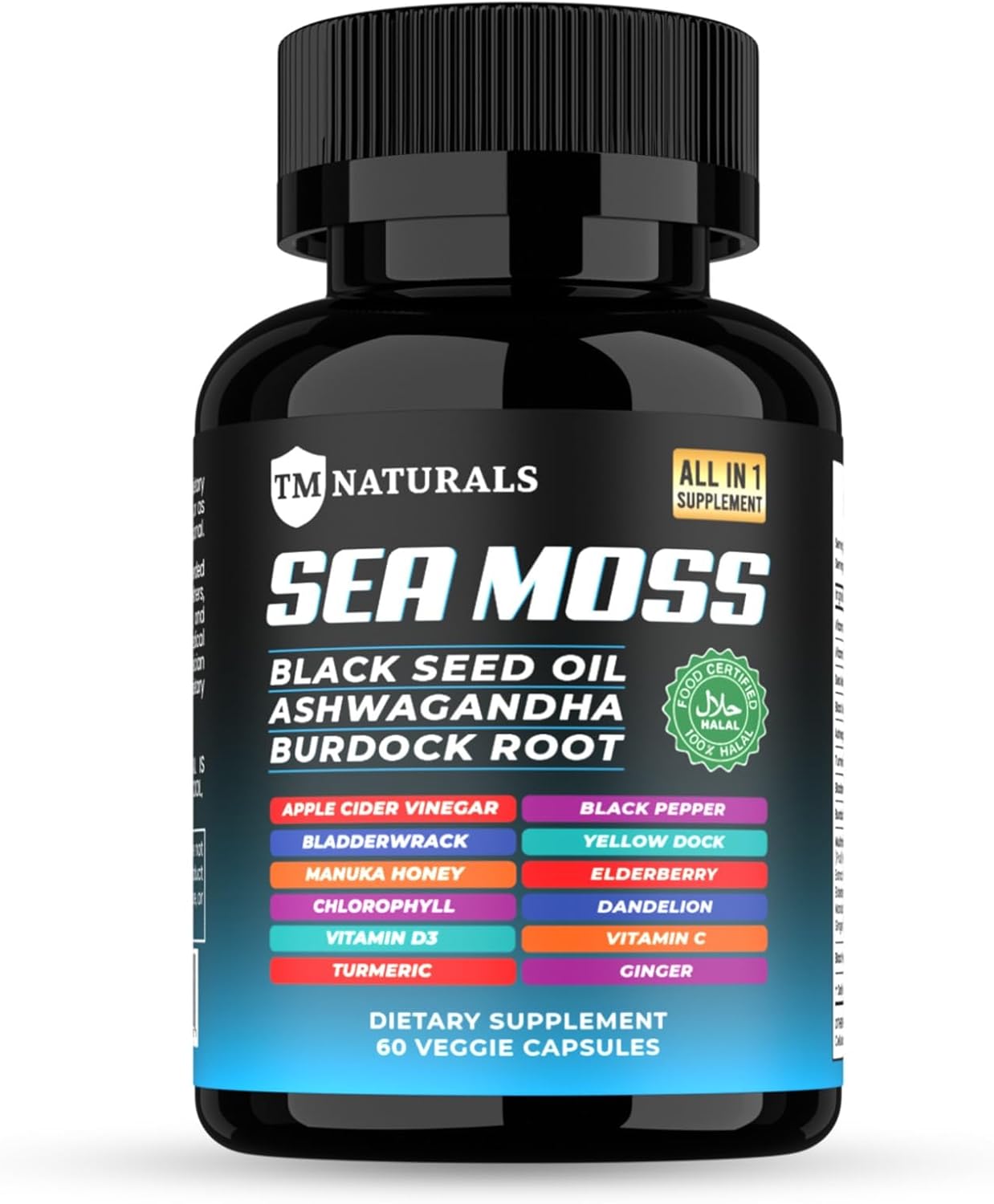 TM NATURALS Sea Moss with Black Seed Oil, Vitamin C, Ashwagandha and Burdock Root - 120 Vegan Capsules & Two Free Pill Box