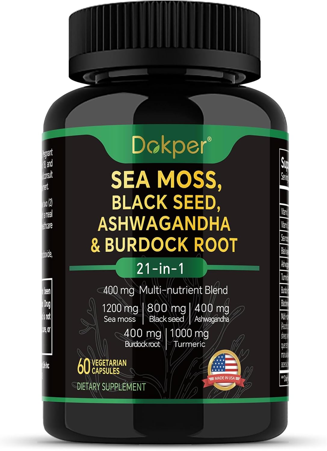 Pack of 4 Sea Moss, Ashwagandha, Black Seed Oil Supplement, Vitamin C & D3 with Turmeric, Bladderwrack & Burdock Root, Natural Herbal Support for Men & Women 60 Capsules, Dietary Supplements