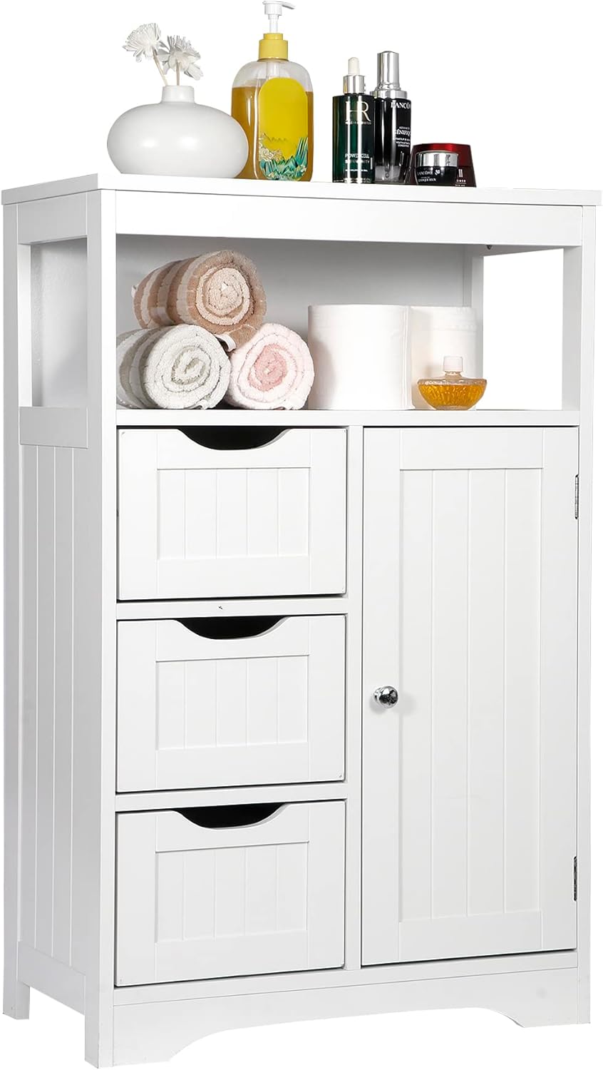 ZenStyle Bathroom Floor Cabinet, Storage Organizer with 3 Drawers and 1 Door, Free Standing Entryway Cupboard for Home Office, White