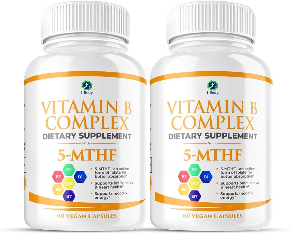 1 Body Vitamin B Complex Twin Pack \u2013 5-MTHF Folate with B1, B2, B5, B6, Methyl B12, Niacin, Biotin \u2013 60 Capsules Each