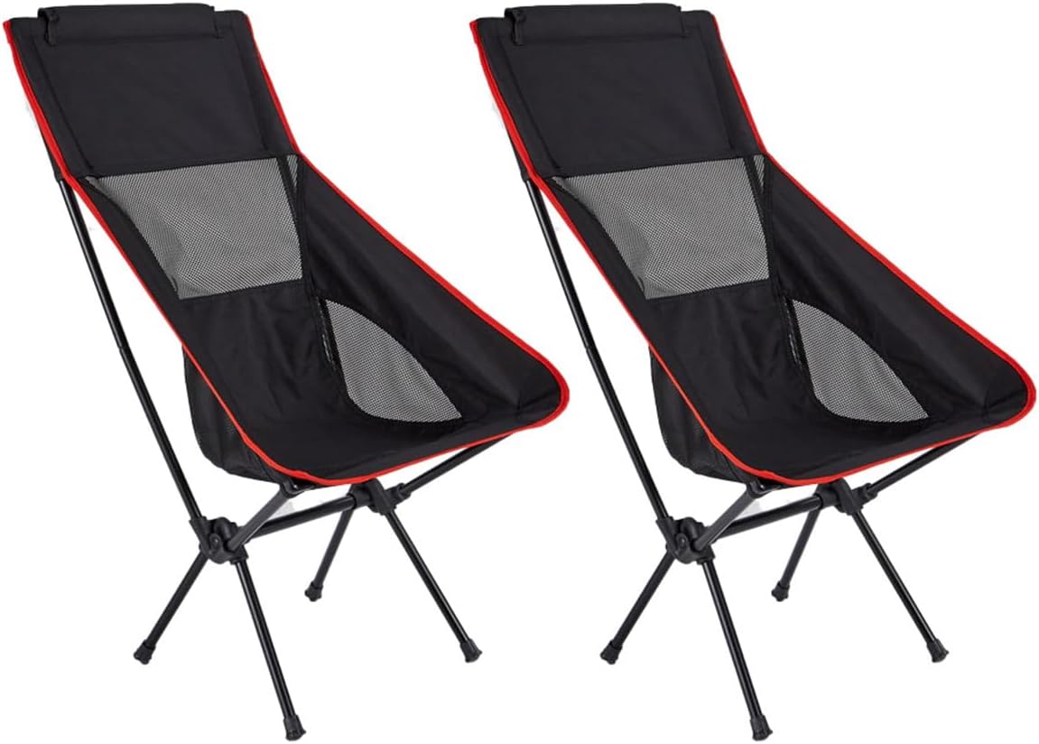 Portable Camping Chair Backpacking Chair - Ultralight Folding Chair - Compact, Lightweight Foldable Chairs for Hiking Mountaineering, Beach, 2 Pack,Black/Red