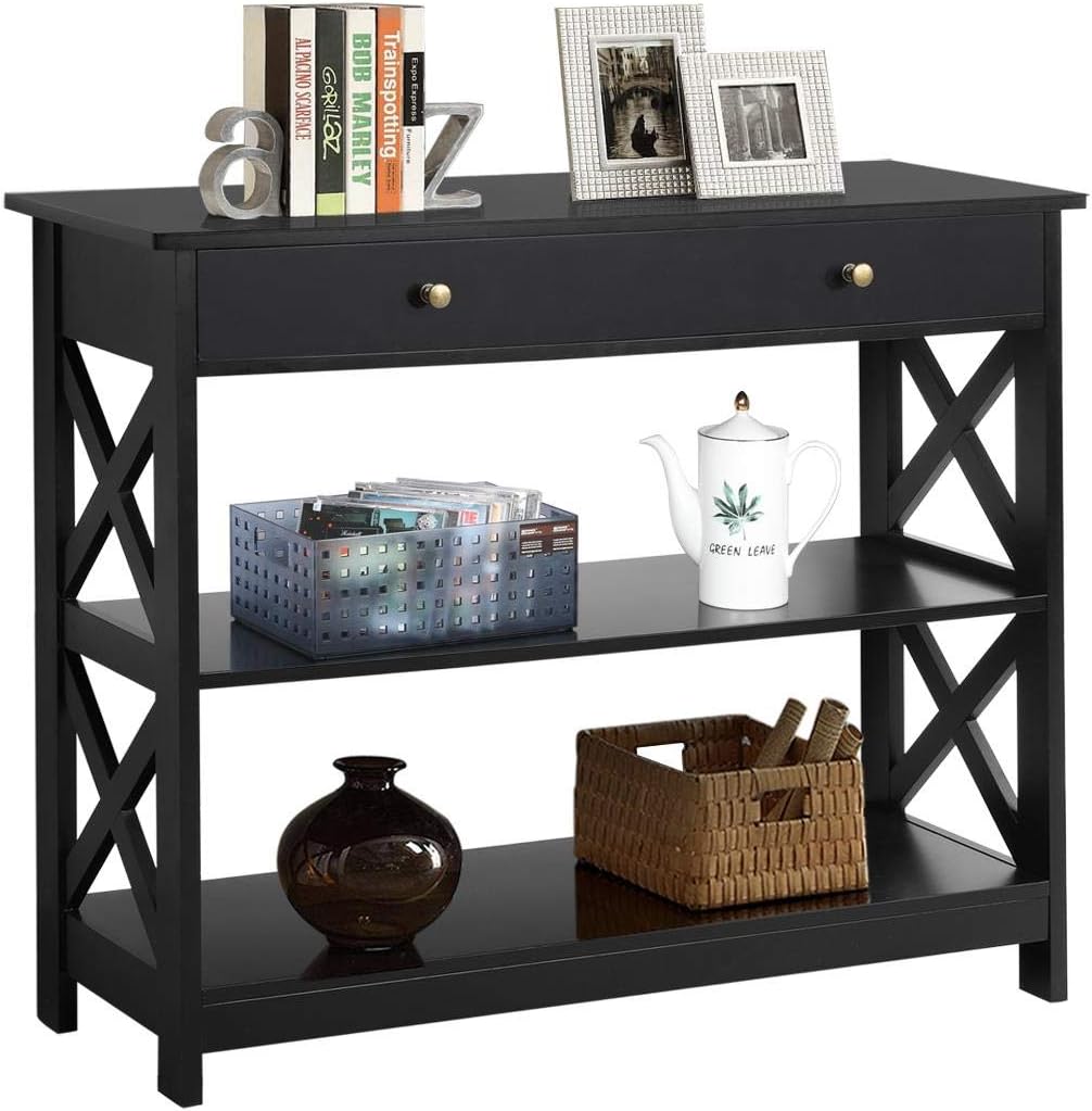 Yaheetech Console Table with Drawer, 39.5 Inch Narrow Sofa Table with Storage Shelves, 3-Tier Wood Entryway Table for Hallway\/Living Room\/Foyer, Black