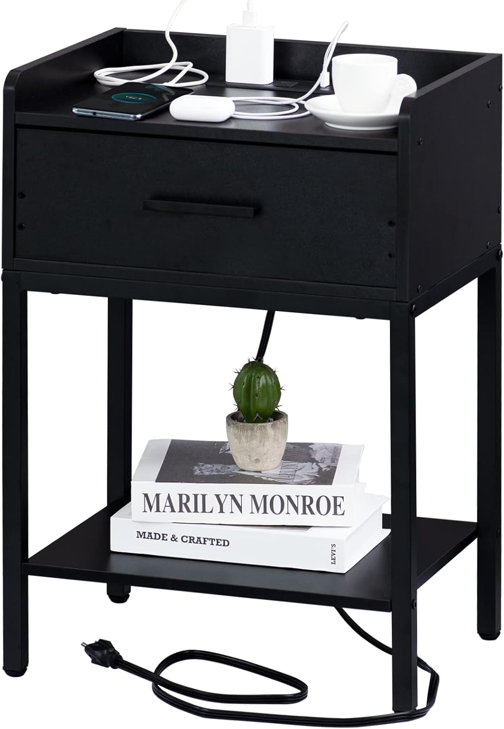 YAHARBO Nightstand with Charging Station and USB Ports, 3-Tier End Side Table with Storage Drawer and Shelf, Bedside Night Stand for Bedroom- Black