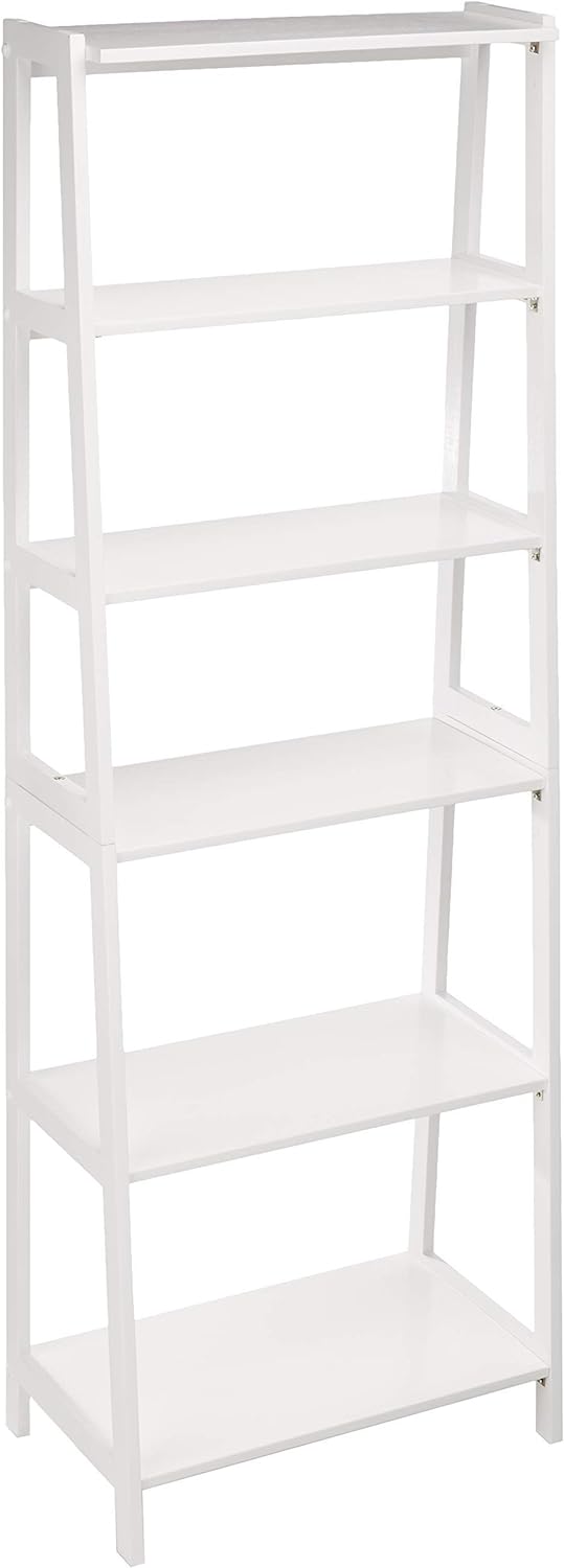 Amazon Basics 5 Shelf Sturdy Rubberwood Ladder Bookshelf for Book Storage, White, 15.03" D x 25.98" W x 74.48" H