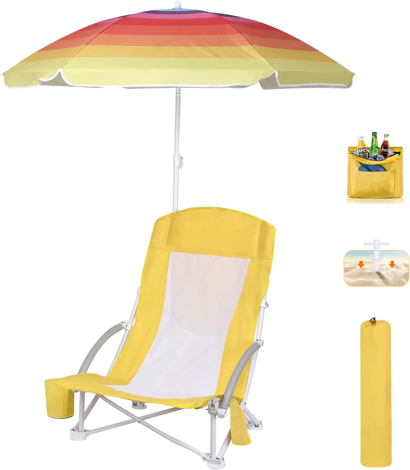 WGOS Beach Chair, Beach Chair with Umbrella, Beach Chair for Adults Camping Chair High Back with Umbrella and Cooler, Portable & Lightweight for Beach, Outdoor, Camping (Set of 1 Yellow)