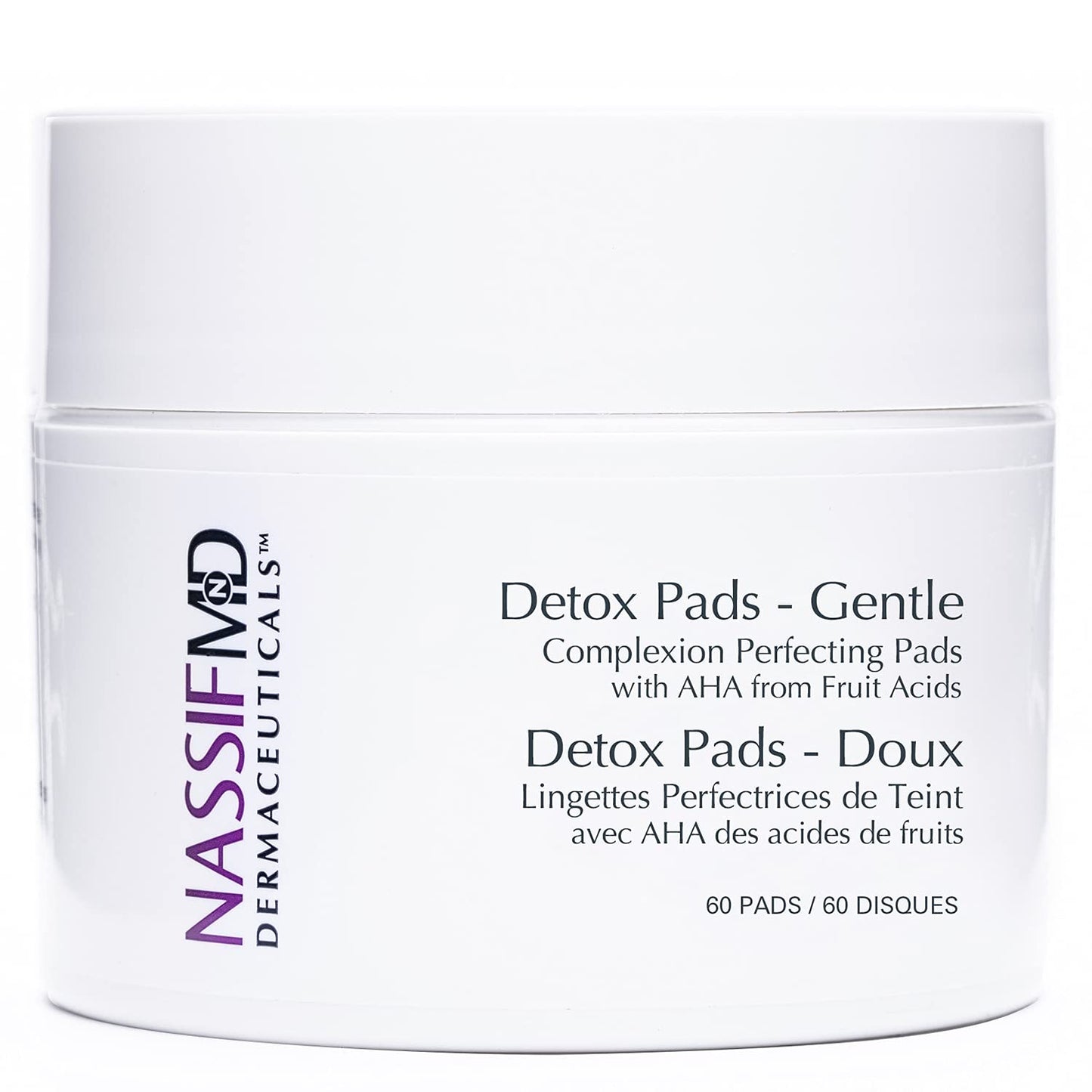 NassifMD Gentle Facial Detox Pads for Sensitive Skin, Daily Cleansing and Exfoliating Treatment for Smoother, Brighter Skin, Non-Irritating Formula, 60 Pads