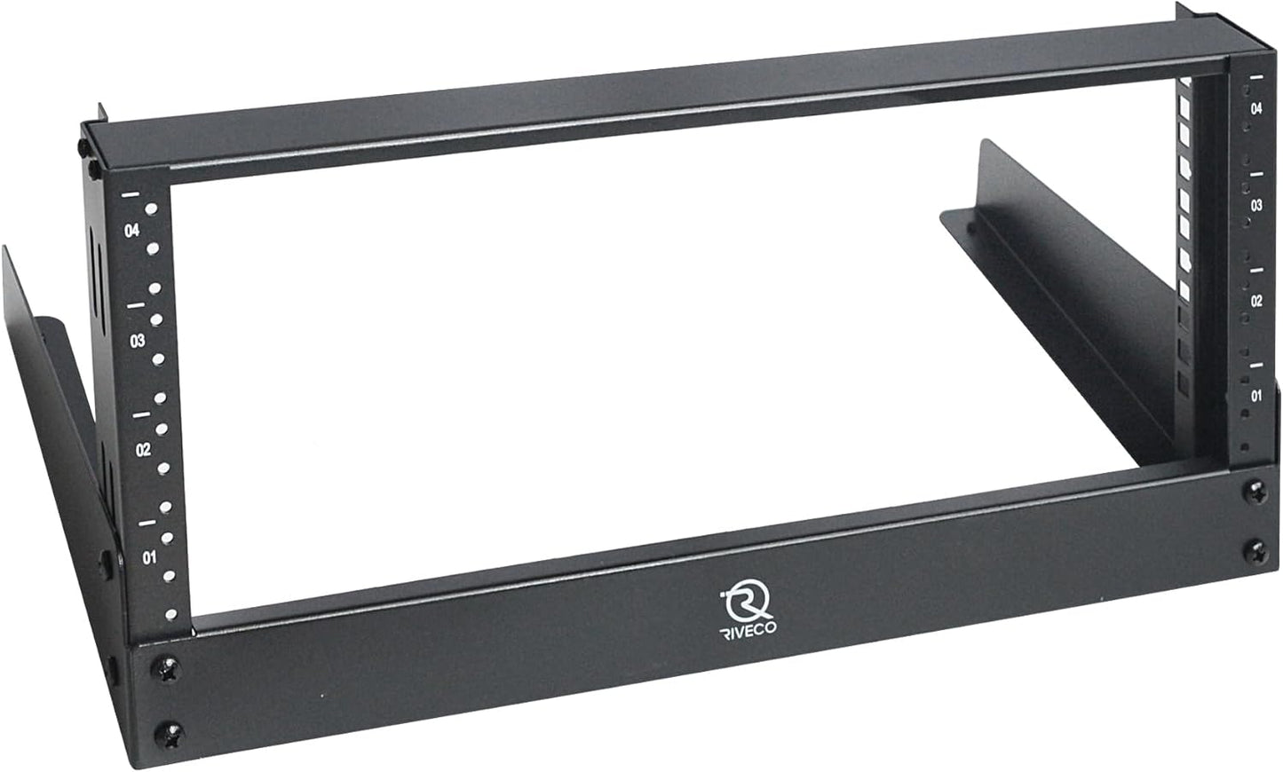 RIVECO 4u Tabletop Rack for Audio & Network, Desktop Rack Shelf Open Frame Sound Recording Shelf, Tappered Holes Black 2 Post