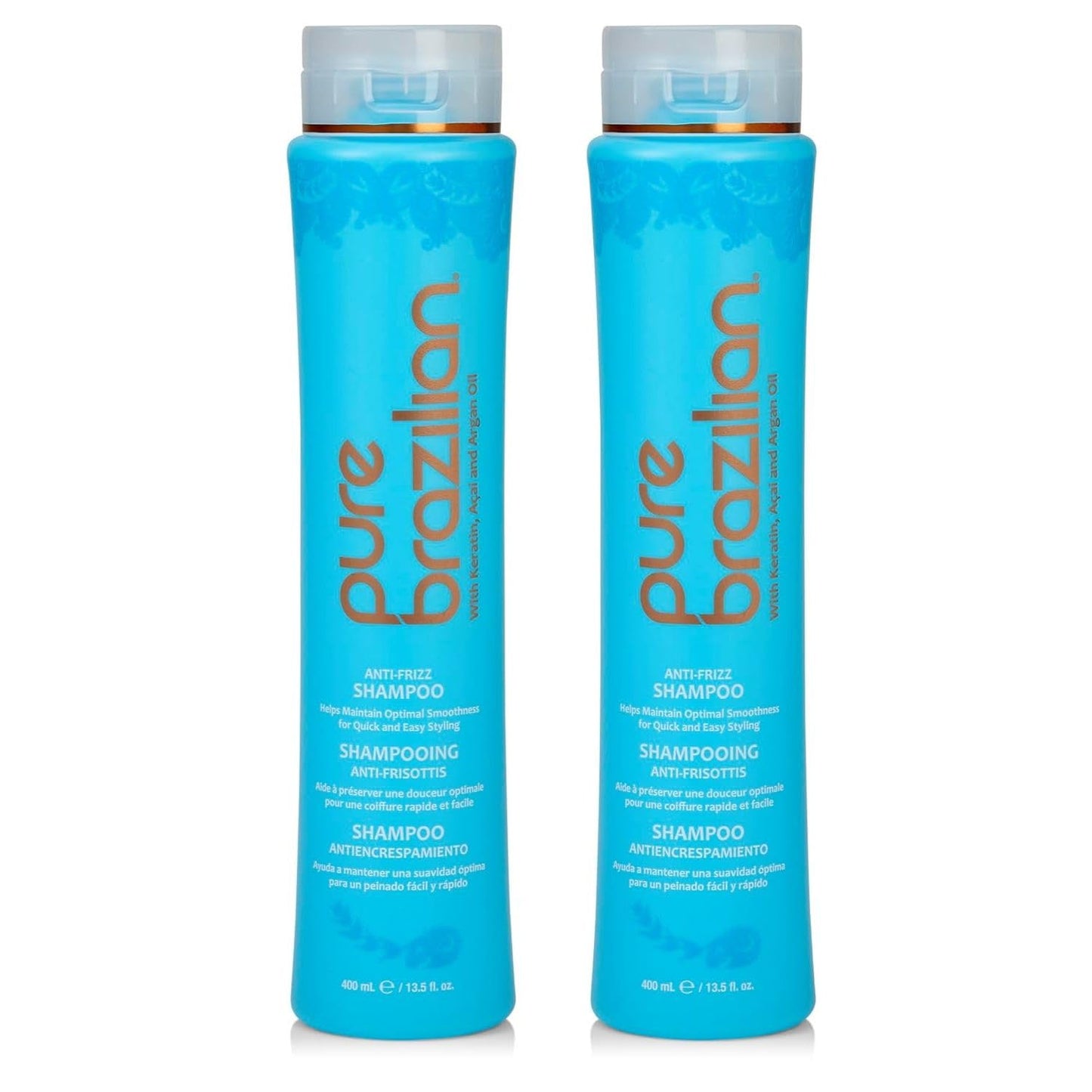 Pure Brazilian Anti-Frizz Daily Shampoo, Salt-Free, Color Safe, with Keratin, Argan Oil & Acai for Prolonged Treatment & Smooth Hair, 13.5 Oz (Pack of 2)
