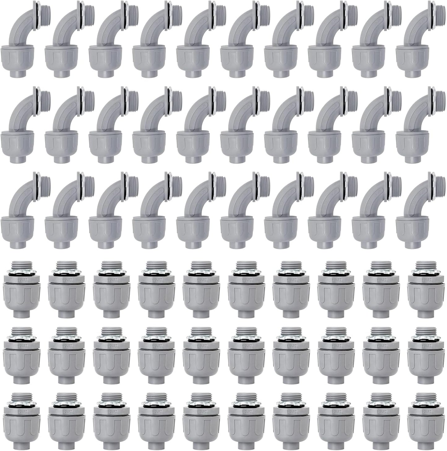 1/2 inch Liquid Tight Connector PVC Flexible Conduit Connector, UL Listed Conduit Fittings 60 Pack (30 pcs 180D/30 pcs 90D)
