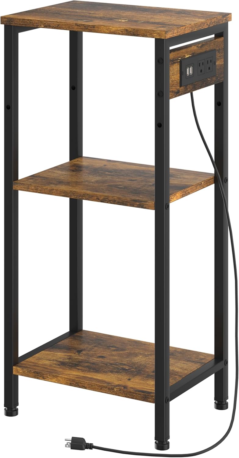 Asgolion Tall End Table with Charging Station, 3 Tier Narrow Tall Nightstand with Storage, Slim Side Table with USB Ports and Outlets for Bedroom, Living Room, Office, Rustic Brown and Black