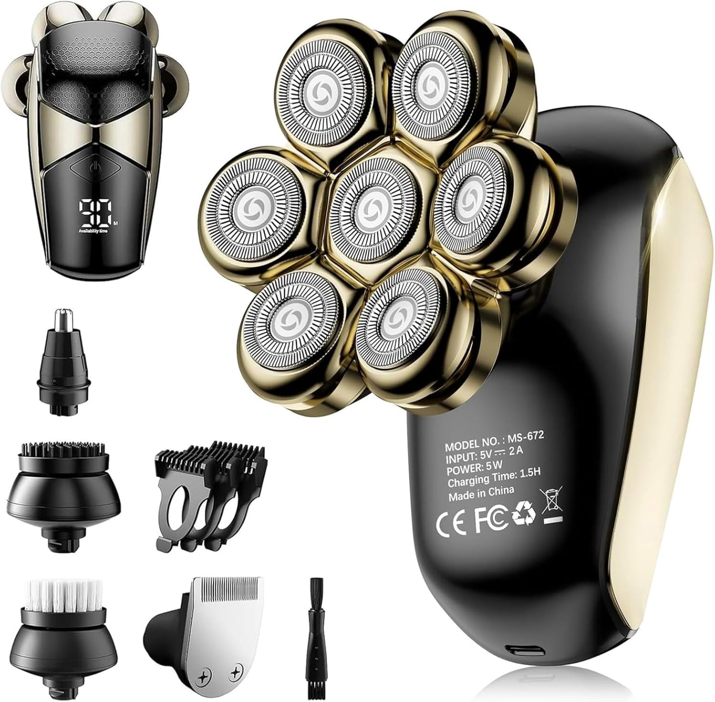 Detachable Head Shavers, SHPAVVER 5 in 1 Electric Razor IPX7 Waterproof for Bald Men, Wet Dry LED Display Rechargeable 7D Rotary Shaver Grooming Kit with Type C Charge A,Gold