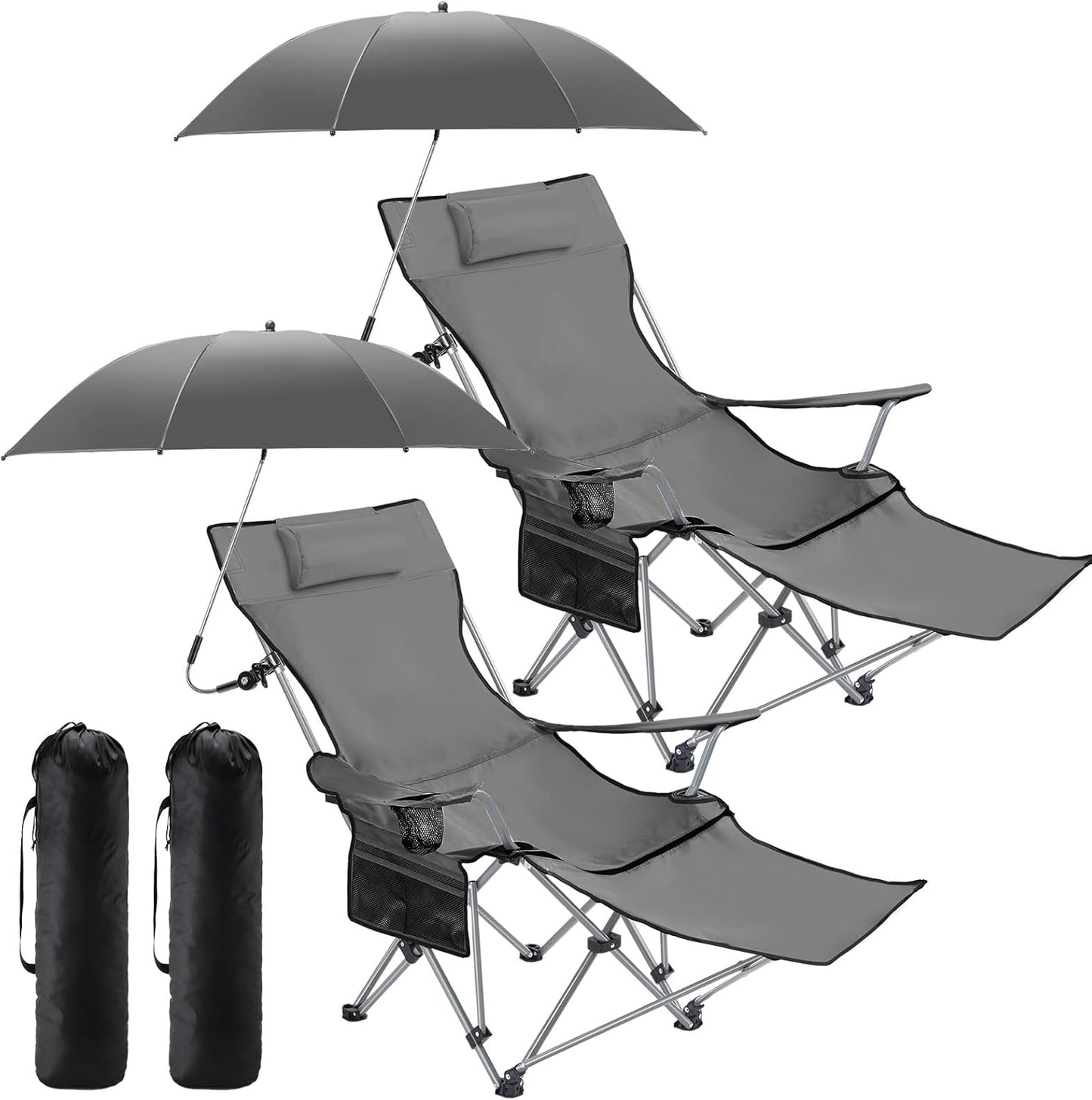 2 Set Reclining Camping Chair with Umbrella, Camping Chair with Foot Rest, Adjustable Chair Umbrella with Clamp, SPF 50+, Folding Mesh Camping Lounger Chair for Outdoor(Grey,Oxford)