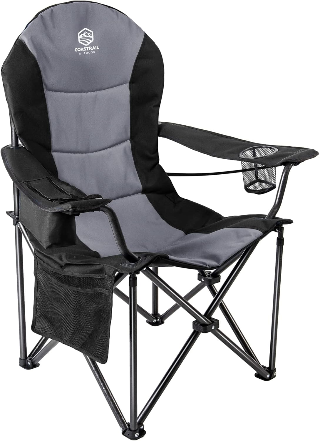 Coastrail Outdoor Camping Chair Oversized Padded Folding Quad Arm Chairs with Lumbar Back Support, Cooler Bag, Cup Holder & Side Pocket, Extra Head Pocket, Supports 400 lbs,Black