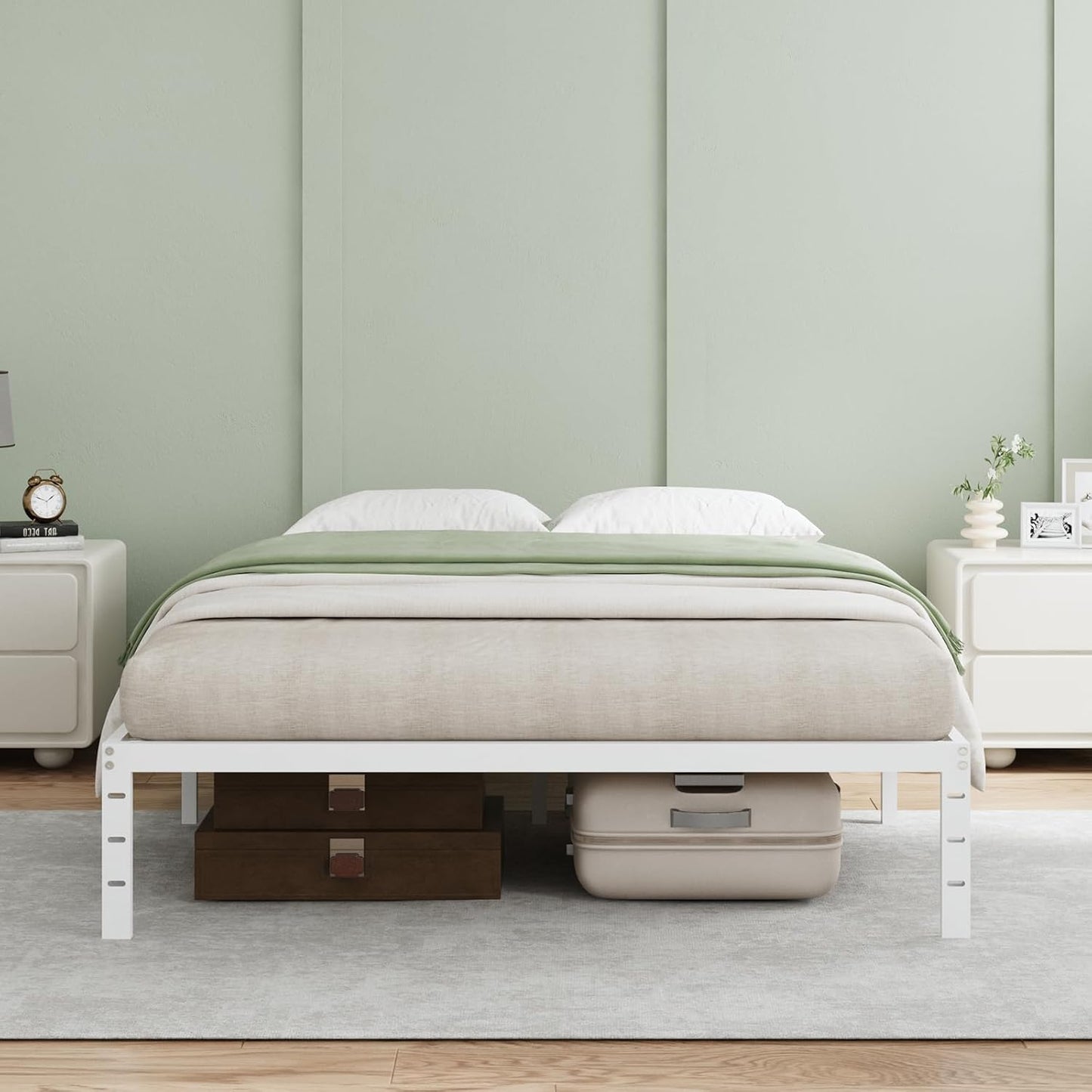 Novilla 14 Inch Full Size Bed Frame, Full Bed Frame with Storage Space Under Bed, White Metal Platform Bed Frame, No Box Spring Needed, Strong Wood Slats Support, Easy Assembly