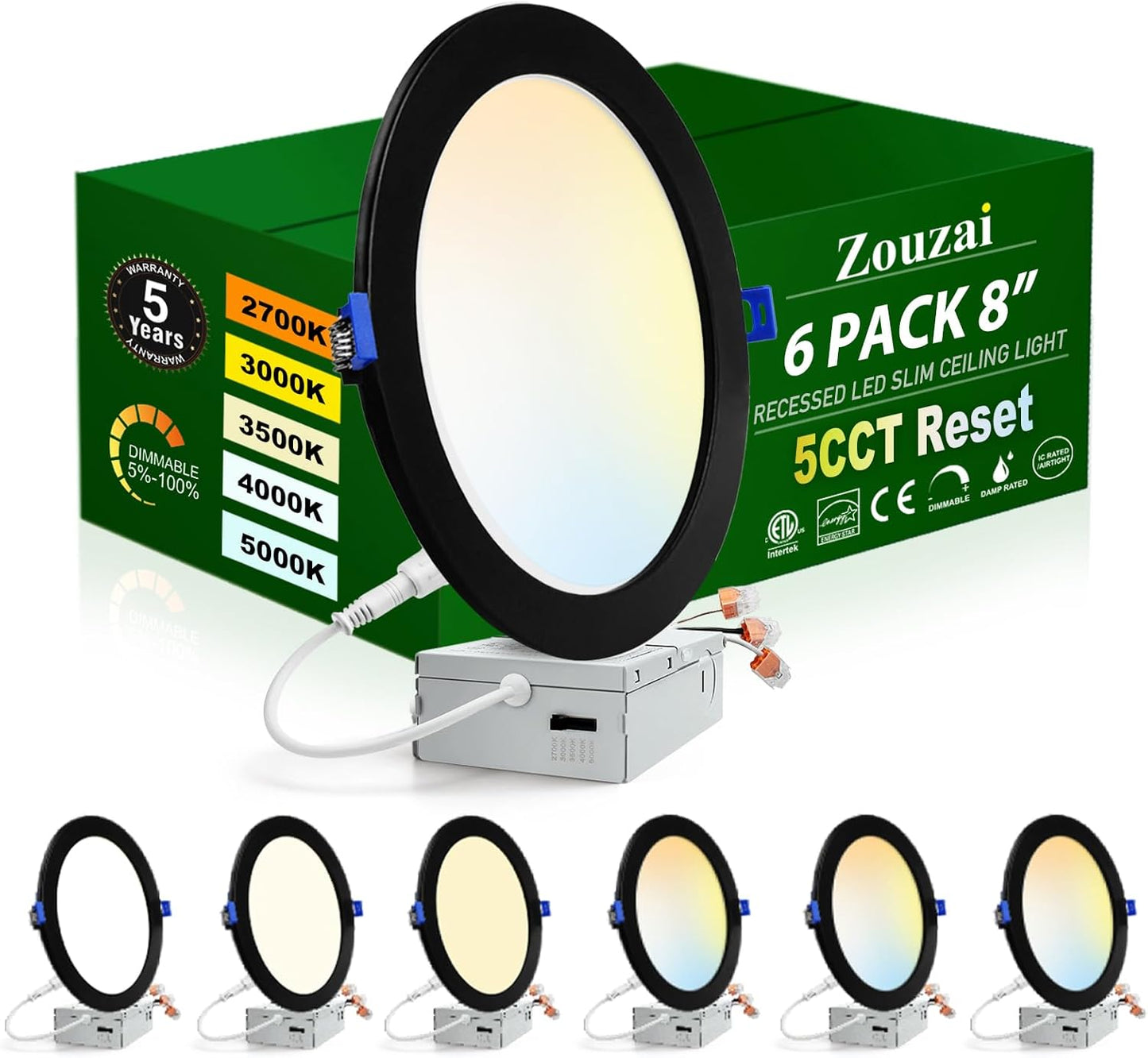 zouzai 6 Pack 8 Inch Black 5CCT Ultra-Thin LED Recessed Ceiling Light with Junction Box 2700K\/3000K\/3500K\/4000K\/5000K Selectable, 18W 1685 LM Dimmable, led can Lights ETL and Energy Star Certified