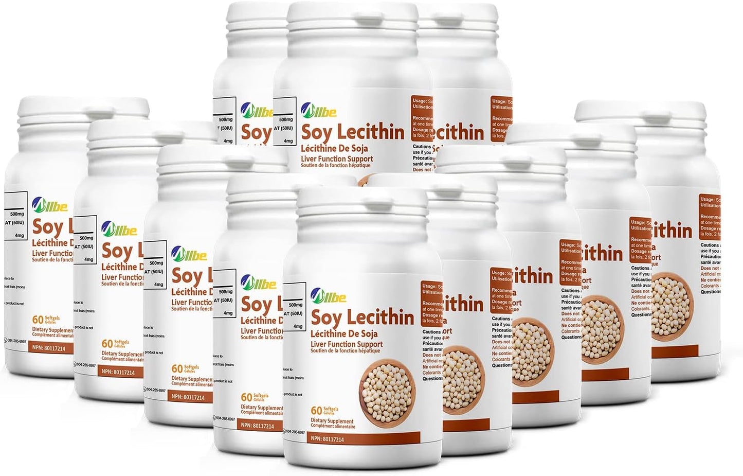 ALLBE Soy Lecithin Softgels, 500mg Lecithin with 4mg Beta-Carotene and 50IU Vitamin E Supplement, 12 Packs of 60 Antioxidant & Liver Function Support Capsules, Serving Size: 1 Softgel, 360 Days Supply