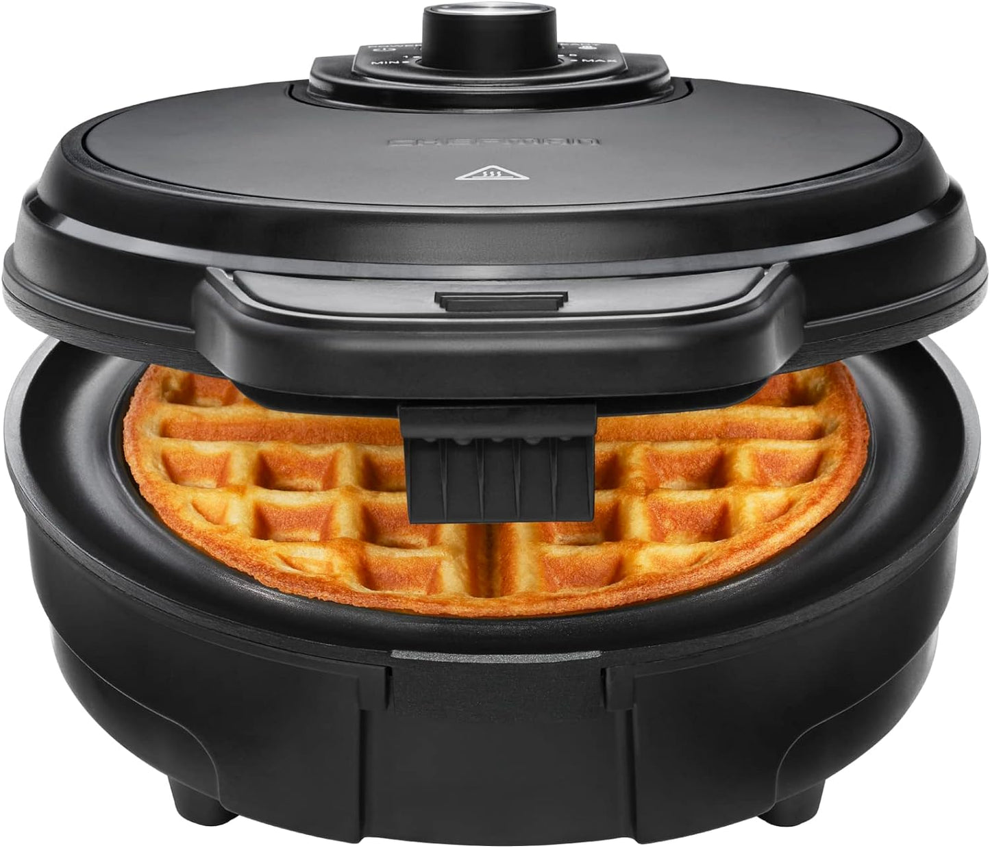 Chefman Anti-Overflow Waffle Maker, Belgian Waffle Iron with Seven Crunch Selector Settings, Mess-Free Moat Catches Excess Batter, Nonstick Electric Single Griddle Mold Makes 6-Inch Round Waffles