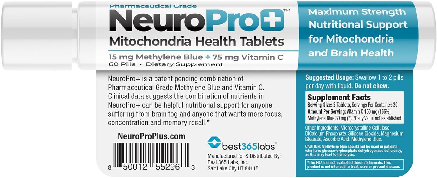 Best 365 Labs NeuroPro+ Maximum Strength Mitochondria Health Tablets - Methylene Blue and Vitamin C - Fast Acting Neuro Support - Improve Focus and Memory - 60 Tablets