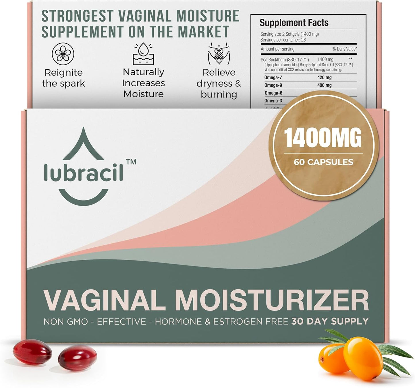 Lubracil Daily Vaginal Moisturizer for Feminine Care - Helping with Vaginal Atrophy, Dryness and Itchiness with Sea Buckthorn Oil, Omegas 6, 7, & 9, Vitamins A & E - 60 Wet Pills
