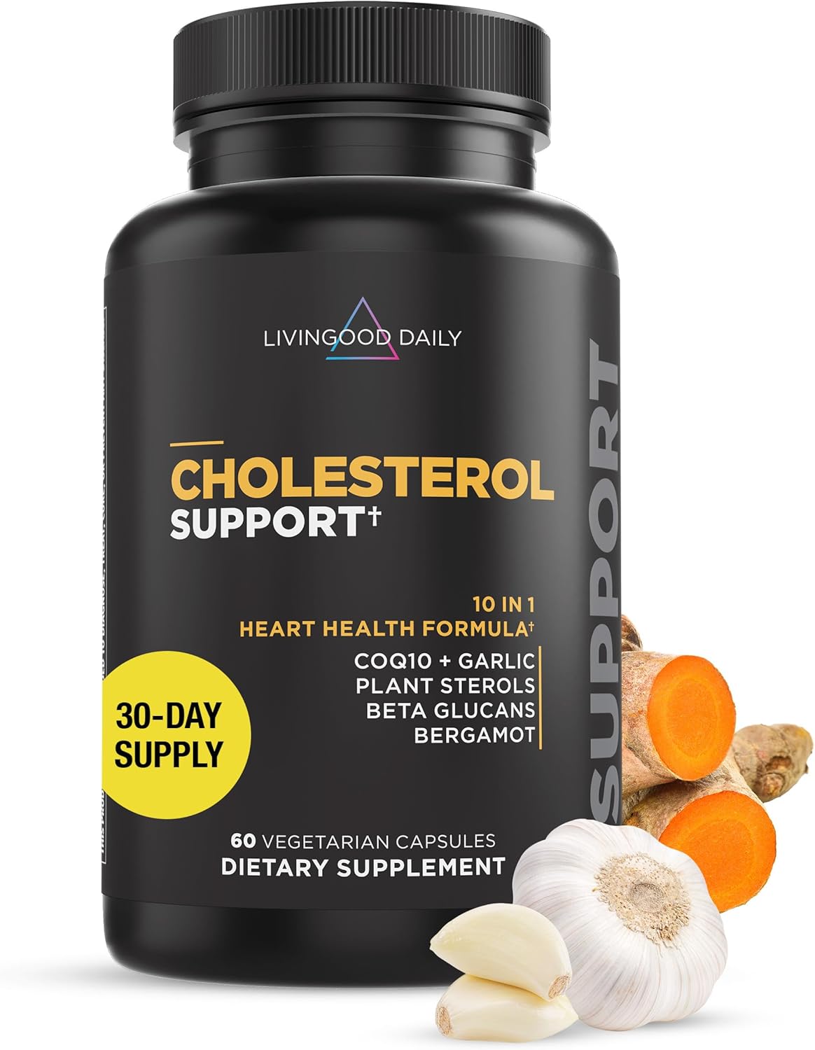 Livingood Daily Support - Supplement for Health with Beta Glucans, Pine Sterol, CoQ10, and Garlic Root - LDL & Triglycerides - Vegan, 60 Capsules