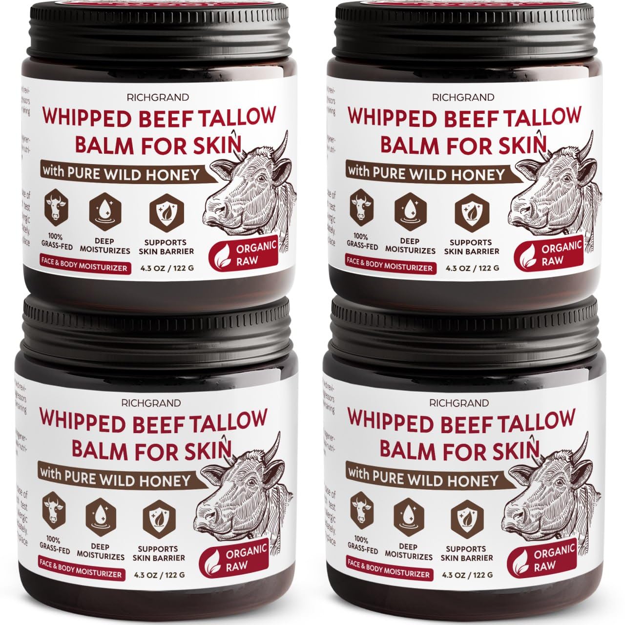 RICHGRAND Beef Tallow for Skin, 4 Pack (17.2 fl oz) - Whipped Grass-Fed Moisturizer with Wild Honey & Beeswax, Natural Face & Body Care, Deep Hydration, Anti-Aging, Sensitive Skin Safe