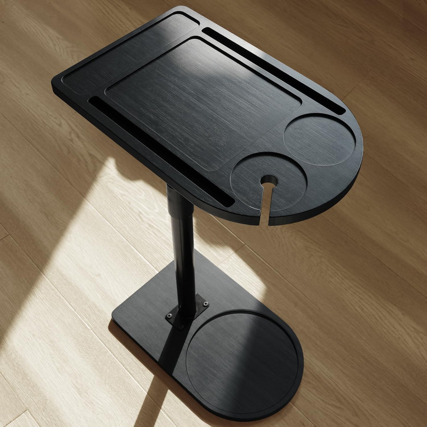 YUHFERA 360° Rotatable Sofa Tray Table for Couch Arm - Height Adjustable End Table for Bed or Chair with Phone & Tablet Slots, TV Tray Table, Side Table Tray for Small Spaces(Black,Arc)