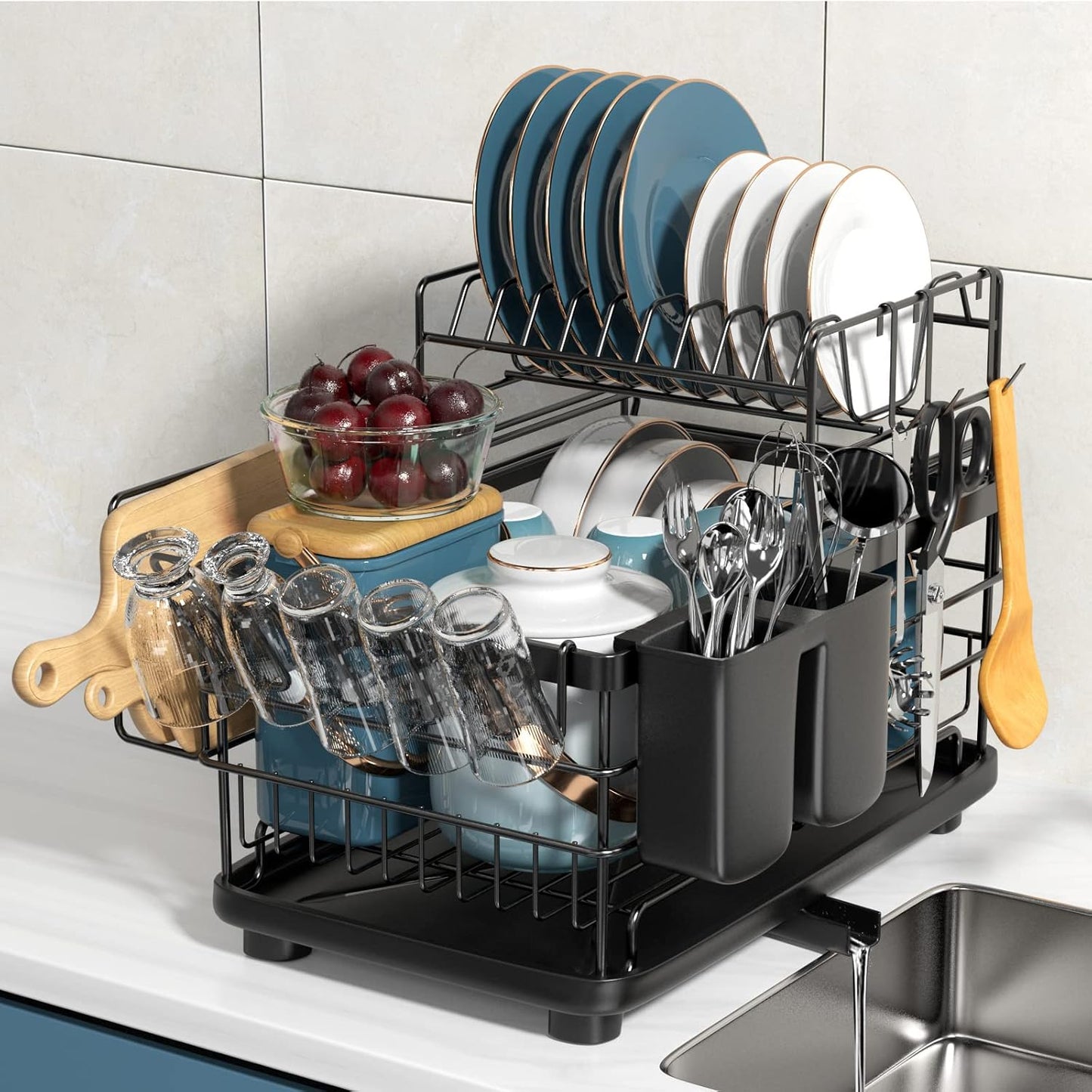 Aonee 2 Tier Dish Drying Rack with Drainboard, Cutlery Holder, Cutting-Board/ Cup Holder and 3 Hooks for Kitchen Counter, Rust-Proof Large Dish Drainer, Black