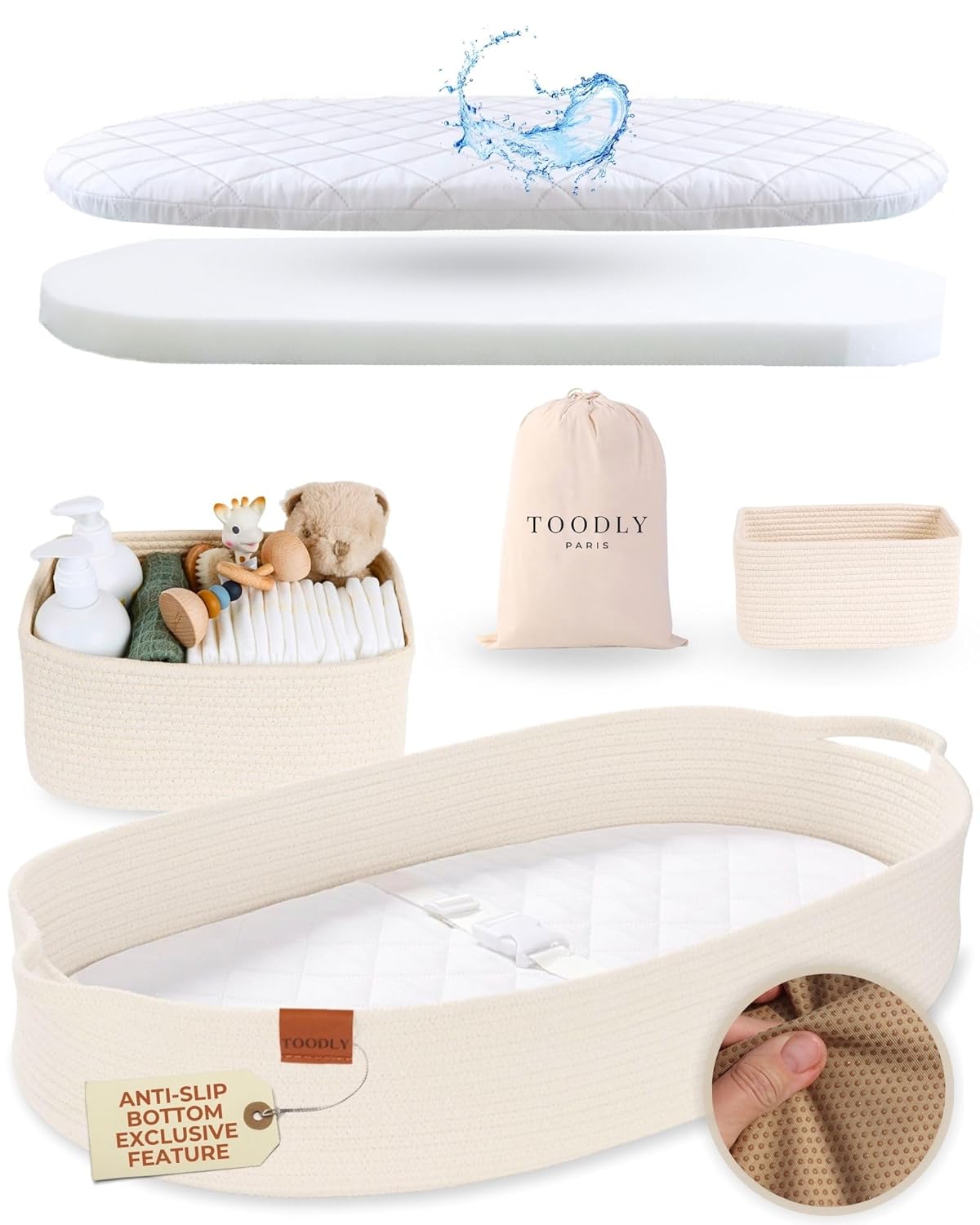 Baby Changing Basket with Diaper Caddy - Beige Moses Basket for Babies - Cotton Rope Diaper Changing Basket - Baby Diaper Changing Pad for Dresser - Changing Table Topper for Dresser - Toodly