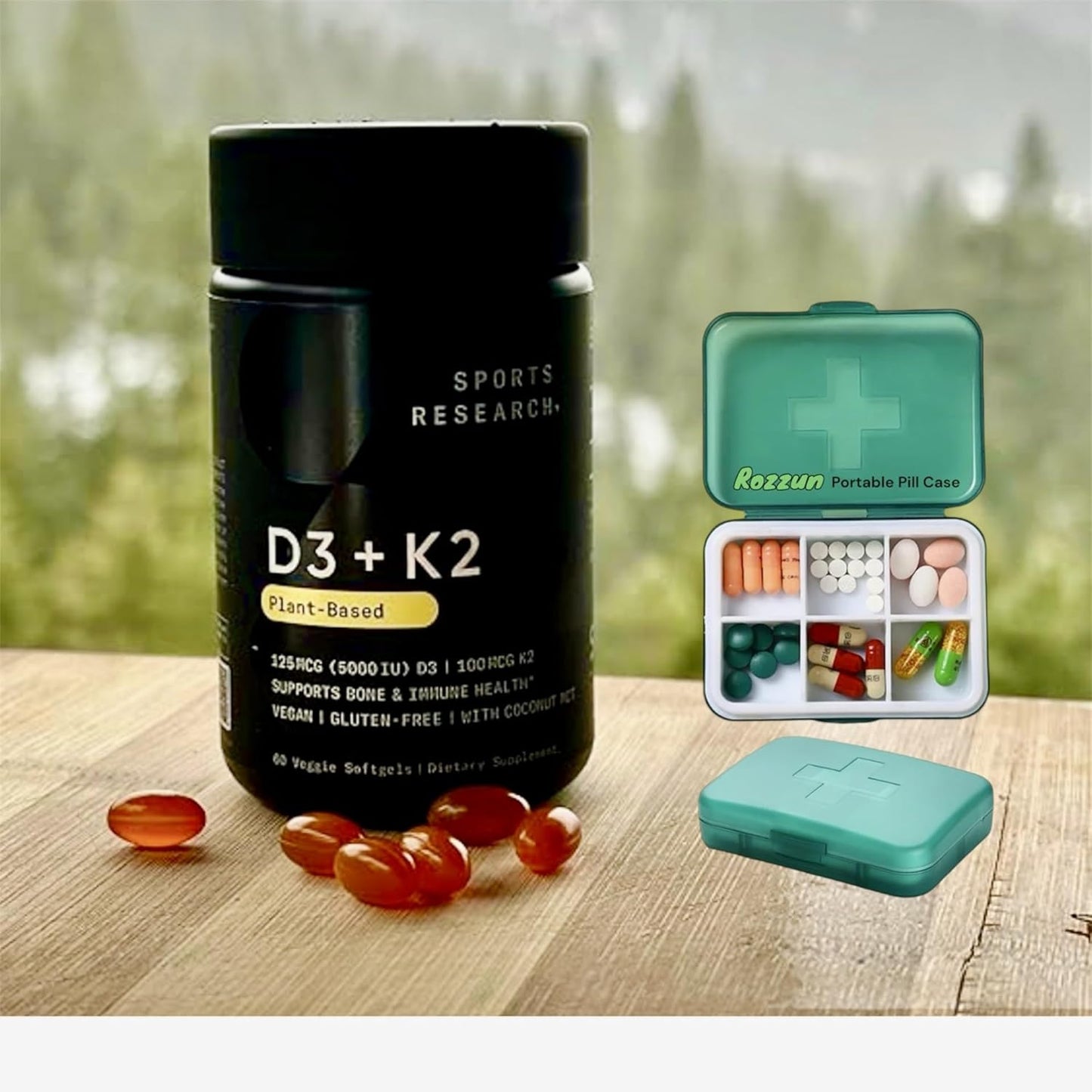 (Pack of 1) 160 Vegan Certified, Non GMO Liquid Softgels rozzunSports Research Vitamin D3 + K2 with Coconut MCT Oil - Vegan D3 5000iu (125mcg) Plant Based Bundled with Rozzun Pill Case