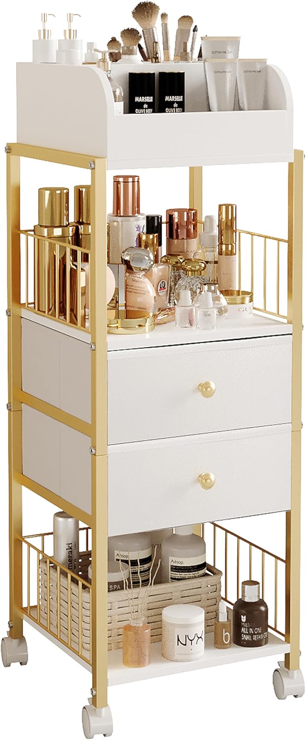 ZQUYAJ Floor Makeup Organizer Cart, Large Skincare organizers, Makeup Stand with Drawers, Makeup Vanity Organizer Cosmetics Display Cases Holder for Skin Care Nail Polish Perfume Makeup Brush (Gold)