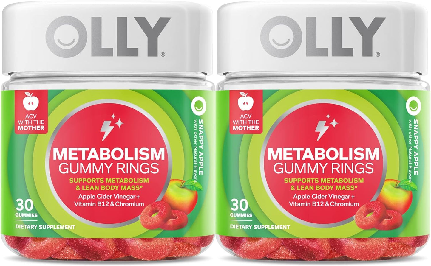 OLLY Metabolism Gummy Rings, Apple Cider Vinegar, Vitamin B12, Chromium, Energy and Digestive Health, Chewable Supplement, Apple Flavor, Twin Pack - 60 Count