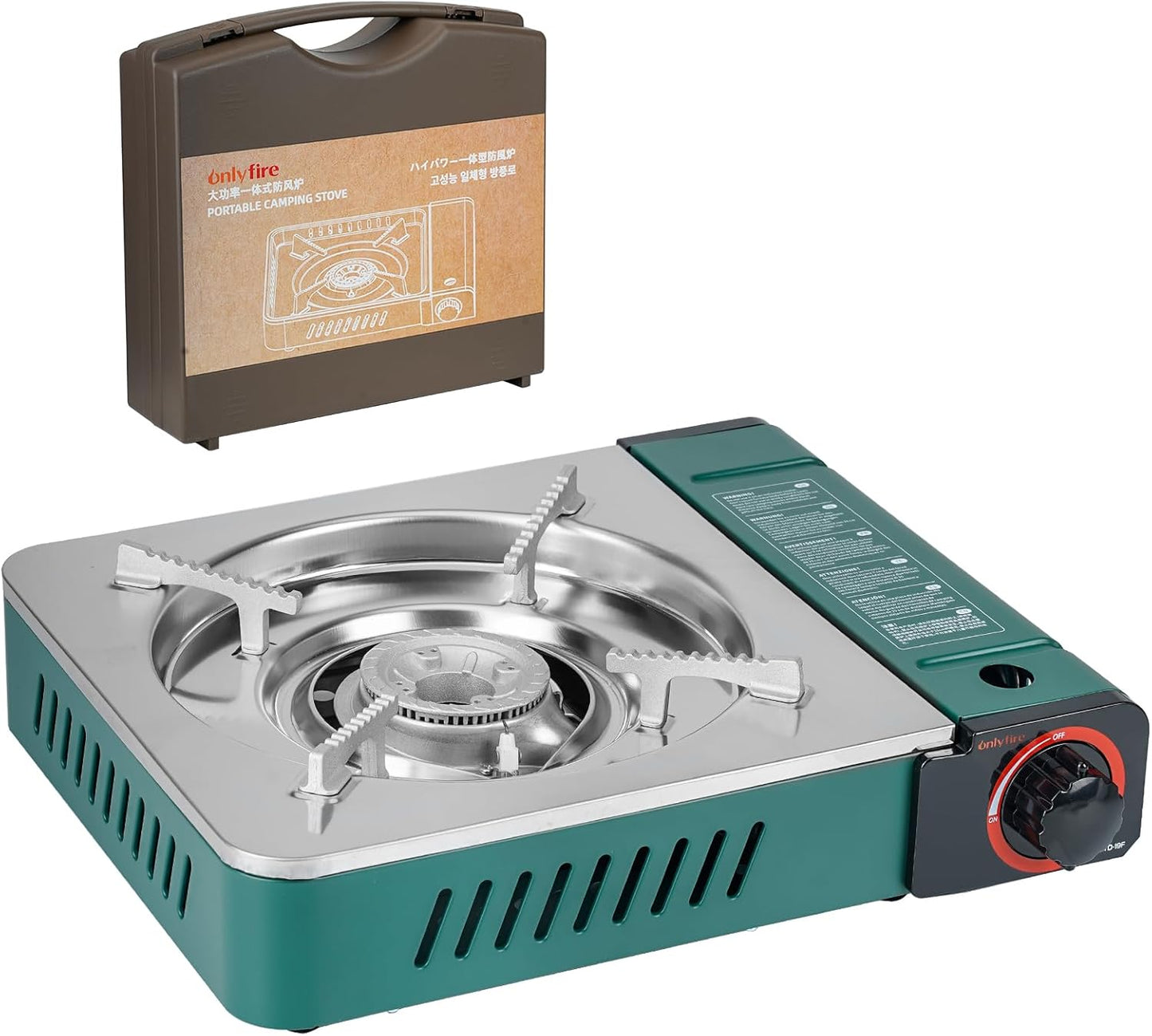 ONLYFIRE Butane Stove with Carrying Case, Portable Camping Stove, 13.5x11in Compact Backpacking Camp Stove for Camping, Hiking, RV Trip, Breakfast, Hotpot and Emergency, 6900BTU, Green GS347