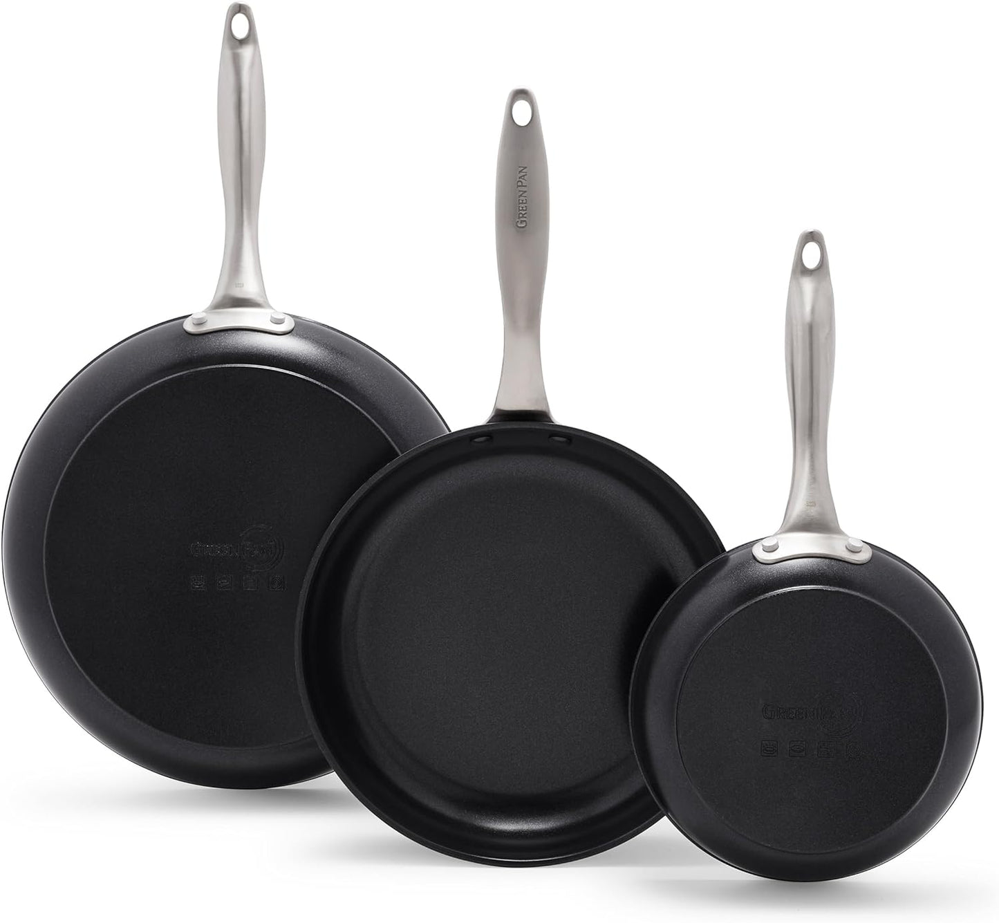 GreenPan Black Pro Infinite8 Ceramic Nonstick 3-Piece Frypan Set, 8\u201D, 10\u201D, and 12\u201D, Hard Anodized, Stainless Steel Handle, PFAS-Free