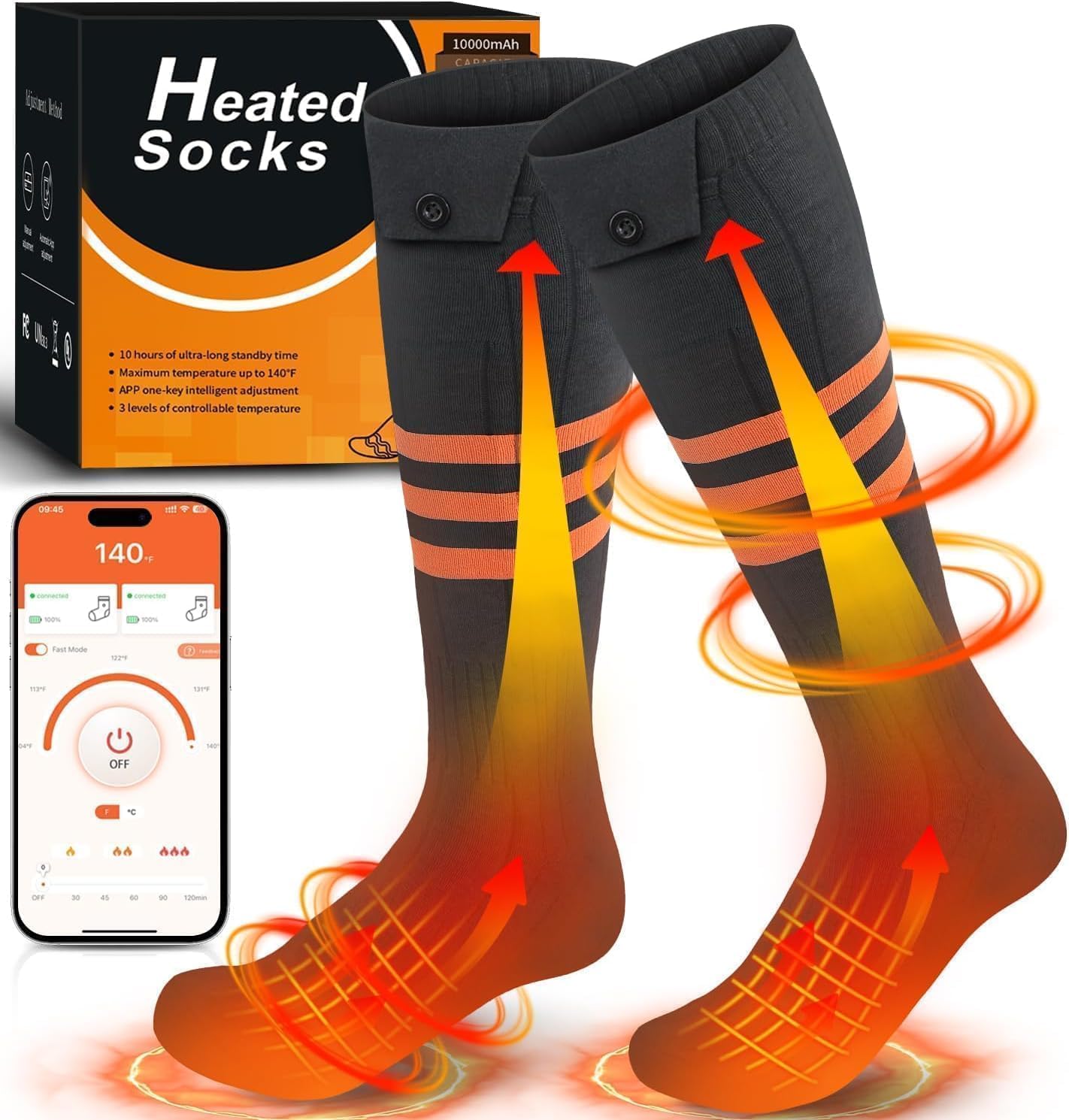 Crbsuk Heated Socks, APP Control Electric Heated Socks for Men Women, 10000mAh Rechargeable Battery Powered Heating Socks, Washable Thermal Socks Foot Warmer for Winter Hunting Skiing Hiking Camping