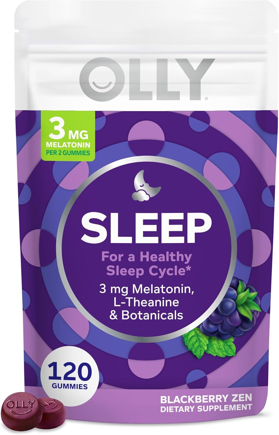 OLLY Sleep Gummy, 3 mg Melatonin, L-Theanine, Chamomile, and Lemon Balm Extracts, BlackBerry Flavor, 60 Day Supply - 120 Count
