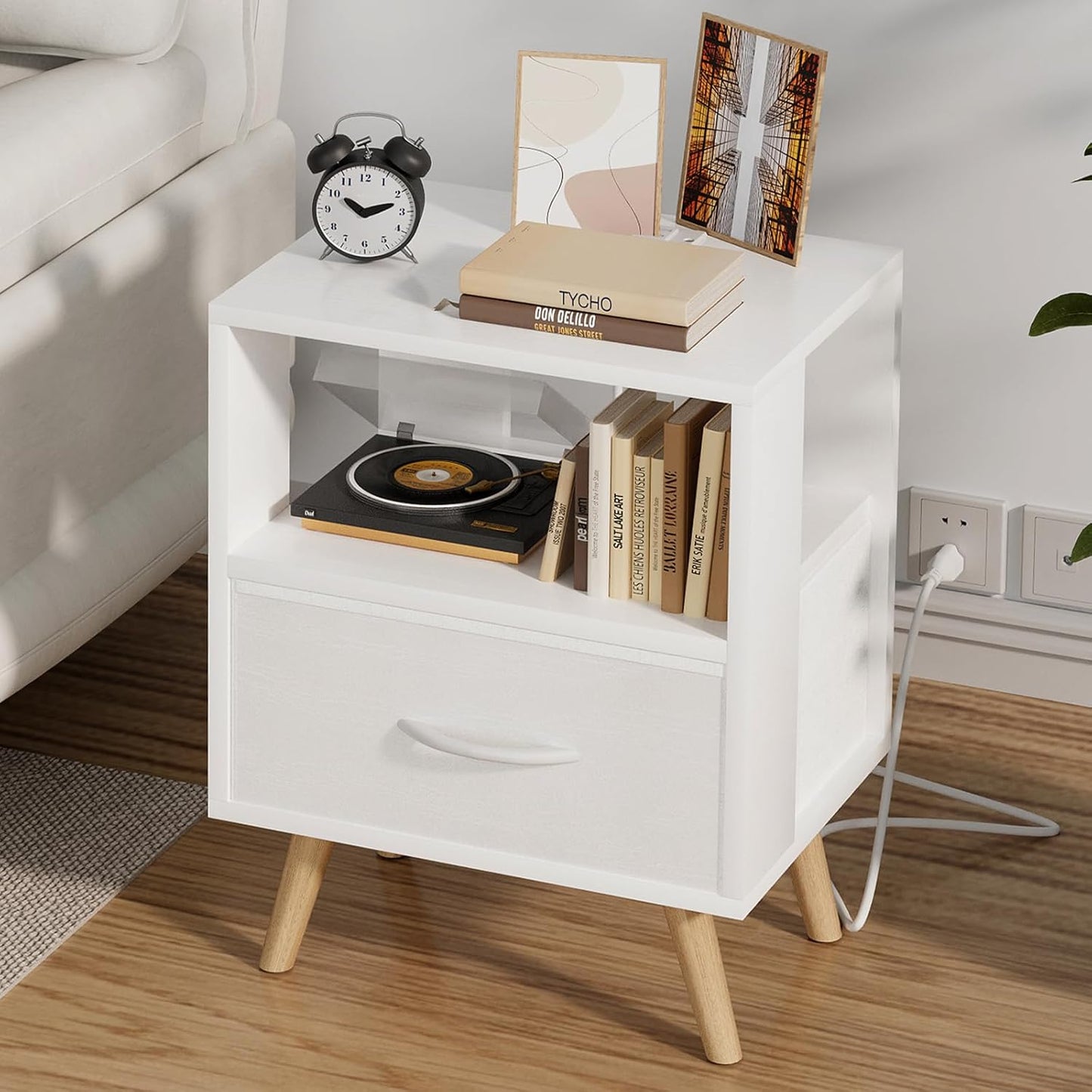 Aenuert Night Stand with Charging Station, White Kids Nightstand with Drawer, 3-Tier Nursery Bedside Table with USB Ports and Outlets, End Table for Small Space, Living Room, Bedroom