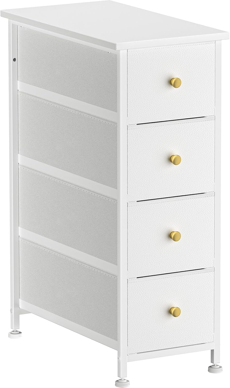 YILQQPER Narrow Dresser Storage Tower with 4 Drawers, Slim Dresser Chest of Drawers with Steel Frame, Wood Top, Golden Knobs, for Bedroom, Bathroom, Small Spaces, Laundry, Closet, White
