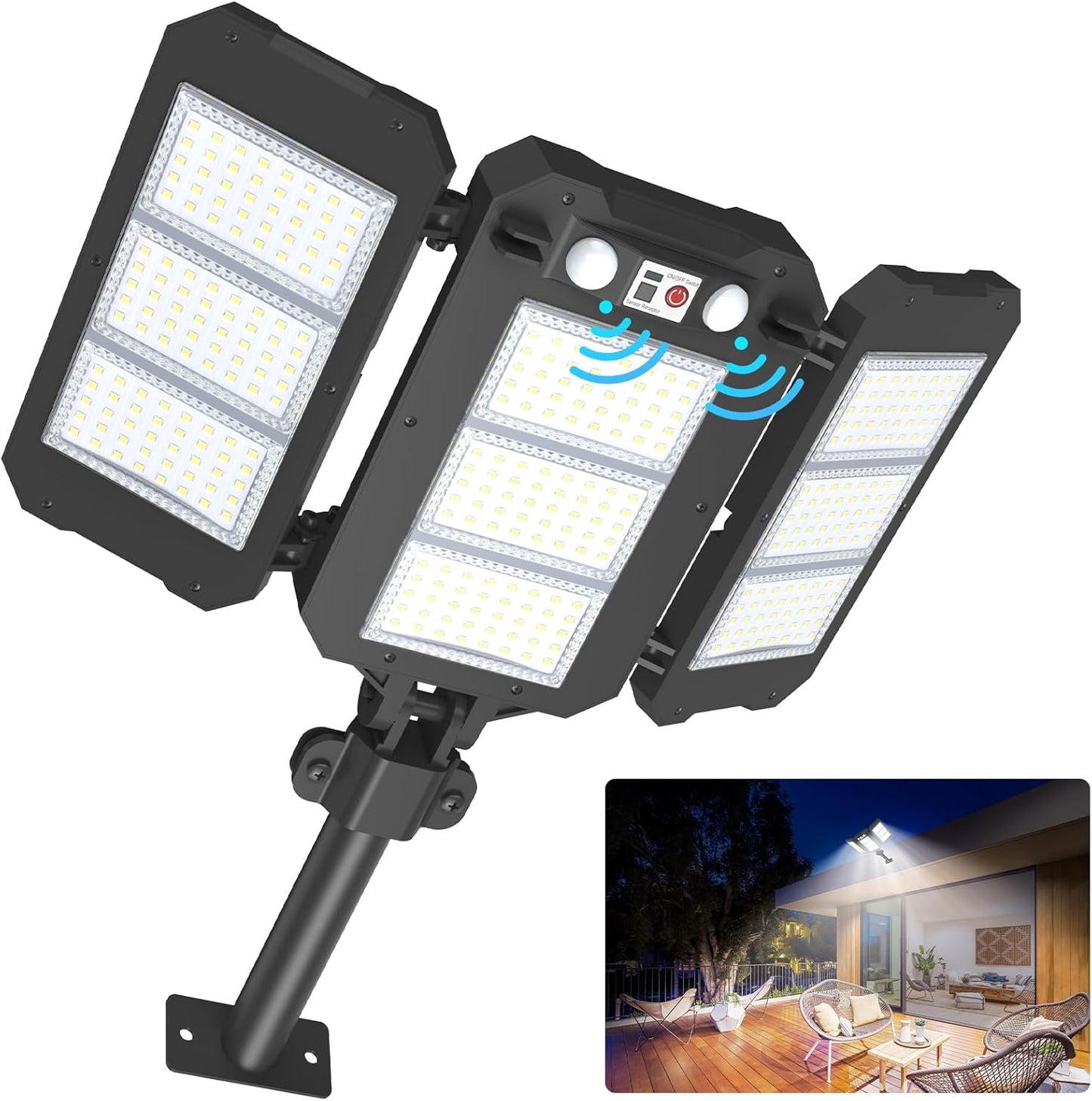 ropelux Solar Lights Outdoor, 4000 LM Super Bright Dual Motion Sensor Outdoor Lights, 3 Heads Dusk to Dawn LED Outdoor Flood Lights, IP65 Waterproof Solar Security Lights with 3 Modes for Yard Street