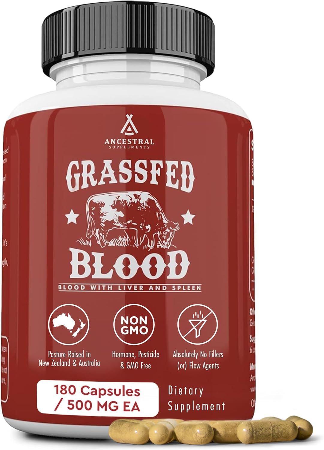 Ancestral Supplements Grass Fed Blood is Blood, Liver & Spleen Formula, 500mg, Grass Fed Beef Supplement, Red & White Blood Cell Formation, Immune and Heart Health Support, Non GMO, 180 Capsules