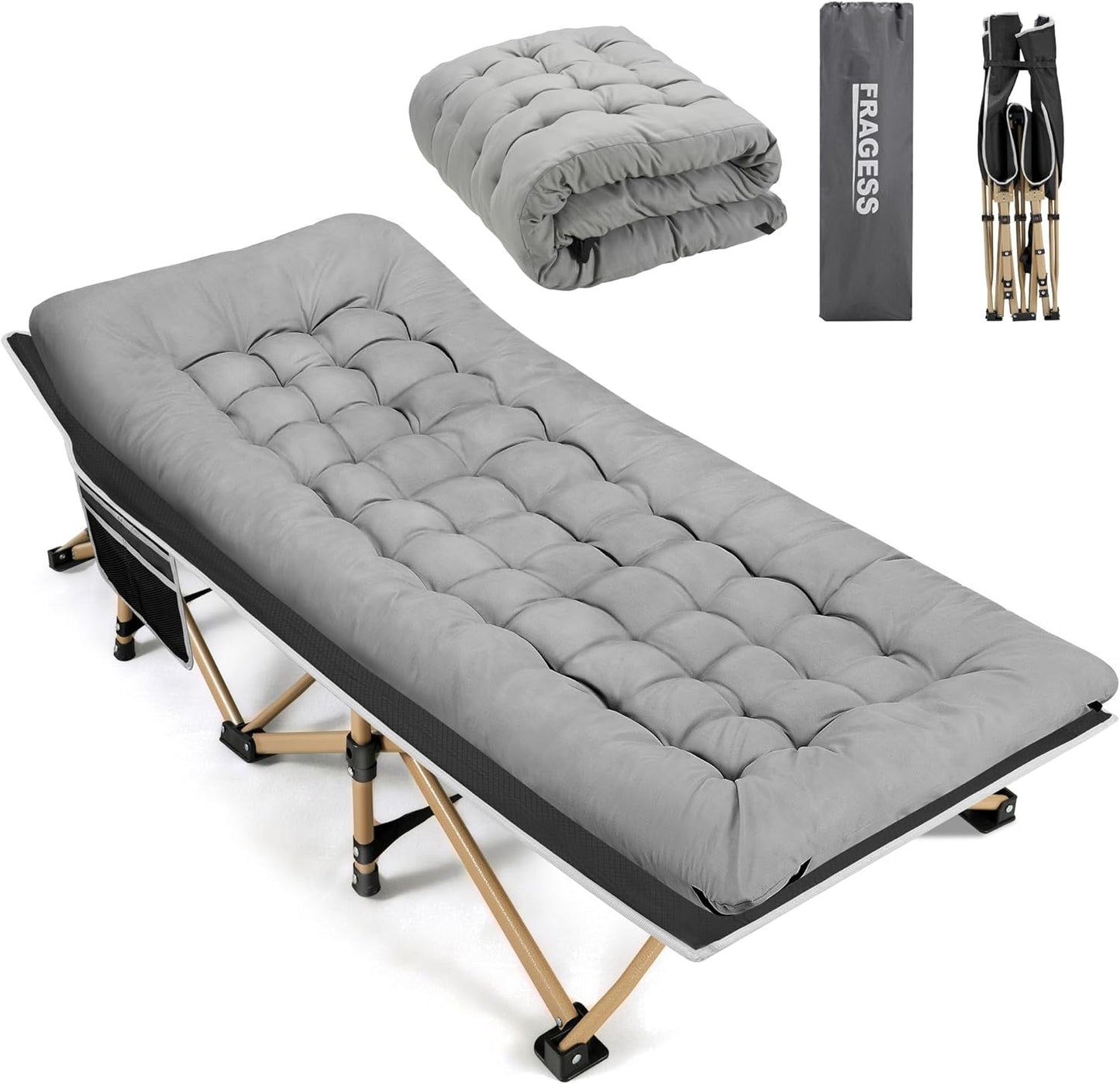 Fragess Portable Camping Cot, 600LBS Max Load, Extra Wide with Thick Mattress, Folding Cot for Outdoor Camping\/Office, Home Nap (Grey)