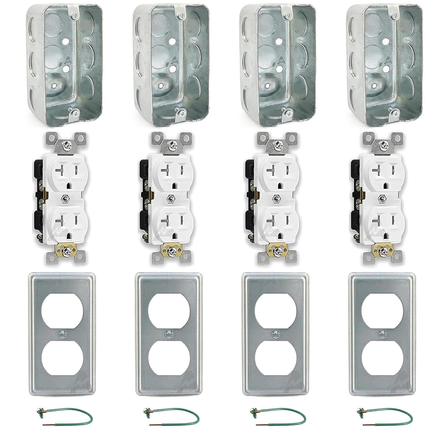 (Pack of 4) Outlet Box Kit, 2x4'' Utility Electrical Box, Duplex Receptacle 2x4'' Cover, Tamper Resistant 20 Amp Duplex Receptacle Outlet, Green Pigtail Grounding Wire and Screw, Ten 1/2'' Knockouts