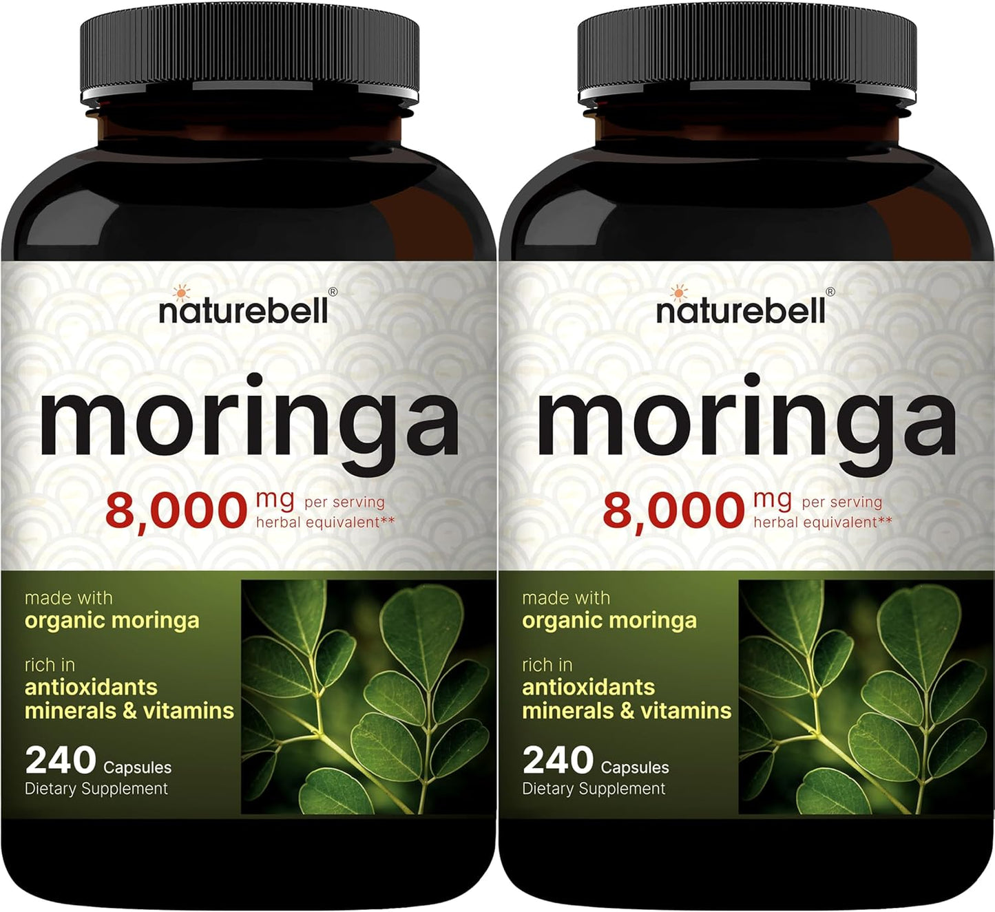 NatureBell 2 Pack Moringa Capsules 8000mg Per Serving, 480 Total Capsules | Green Superfood, Skin Health & Immune Support | Non-GMO, Gluten Free