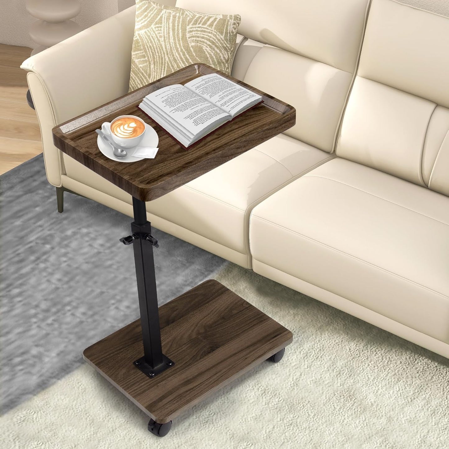Aoligrace C Shaped End Table Adjustable Height, 360° Swivel Side Table with Wheels, Small TV Tray C Table for Living Room Bedroom Hospital, Couch Tables That Slide Under for Sofa Bed Chair