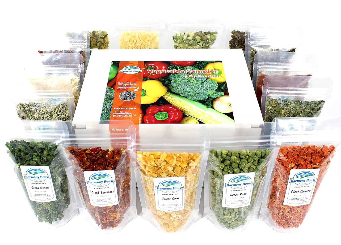 Harmony House Dehydrated Vegetable Sampler – 15 Count Variety Pack, Resealable Zip Pouches, For Cooking, Camping, Emergency Supply and More