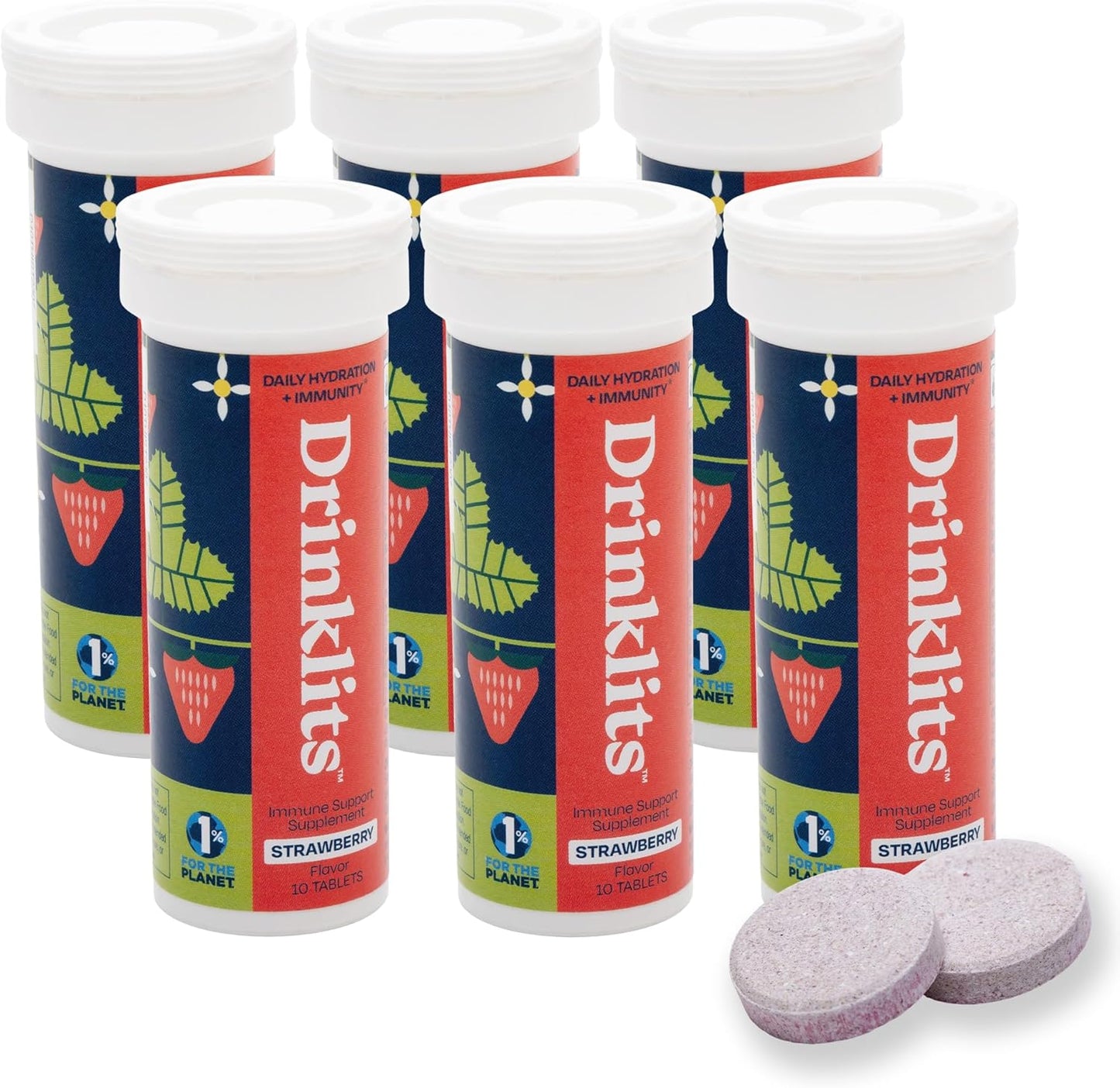 Drinklits Strawberry Immune Support Tablets (6) Tube Bundle | Daily Immunity - 0g Sugar - Vitamins - Electrolytes - Herbal Blend | 60 Servings – 10 Tablets per Tube