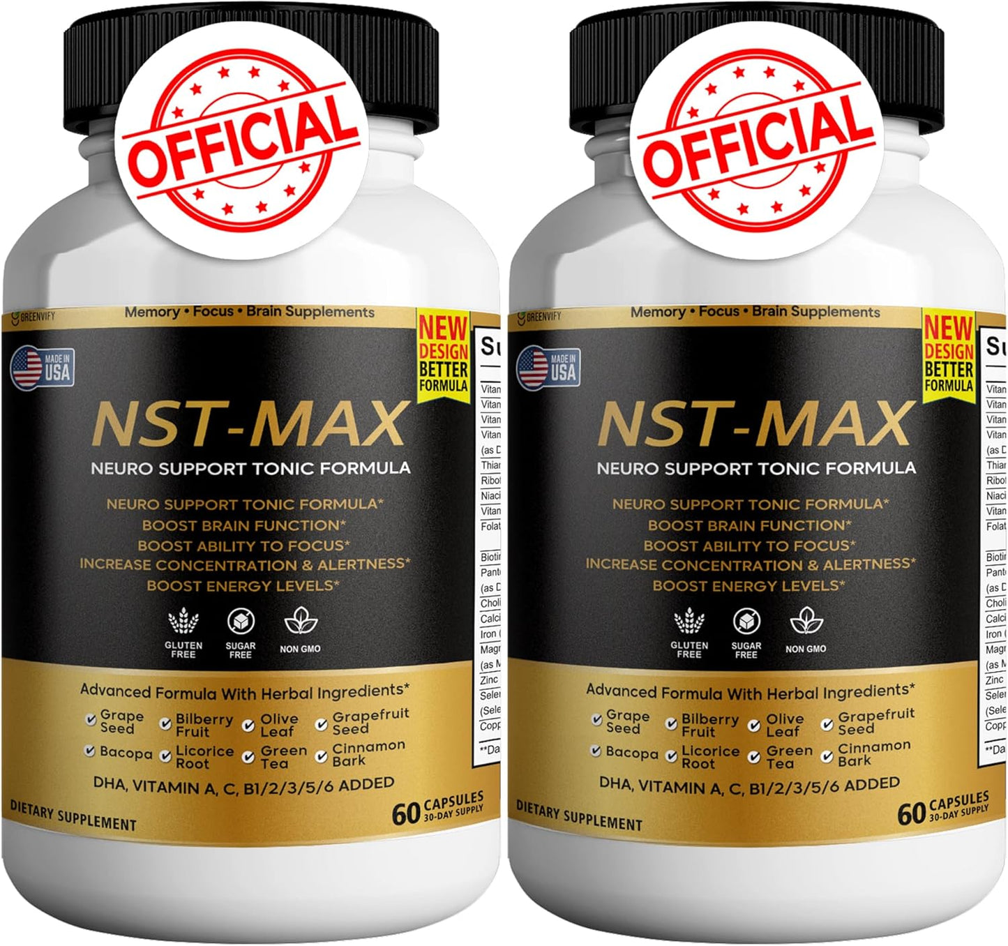 GREENVIFY NST-Max Brain Booster | Nootropic Brain Supplements for Memory and Focus | Premium Natural Energy Supplement, Vitamins B6 & B12 | 120 Capsules