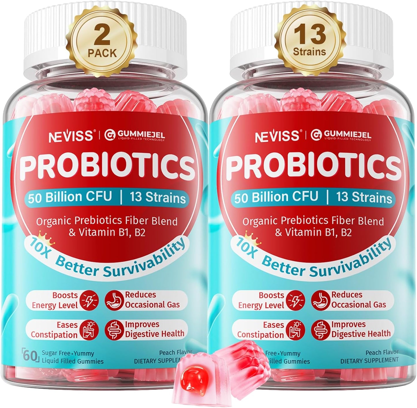 Sugar Free Probiotics Gummies for Adults & Kids 4+, Probiotics 13 Strains 50 Billion CFUs w\/Acacia Prebiotics + Vitamin B1, B2, D3 & Zinc, for Digestive & Gut Health, Immunity, Vegan Chewable,120 Cts