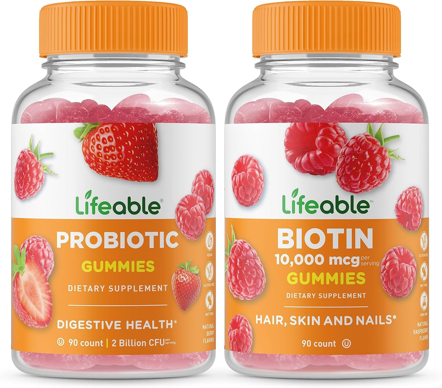 Lifeable Probiotic 2 Billion CFU + Biotin, Gummies Bundle - Great Tasting, Vitamin Supplement, Gluten Free, GMO Free, Chewable Gummy
